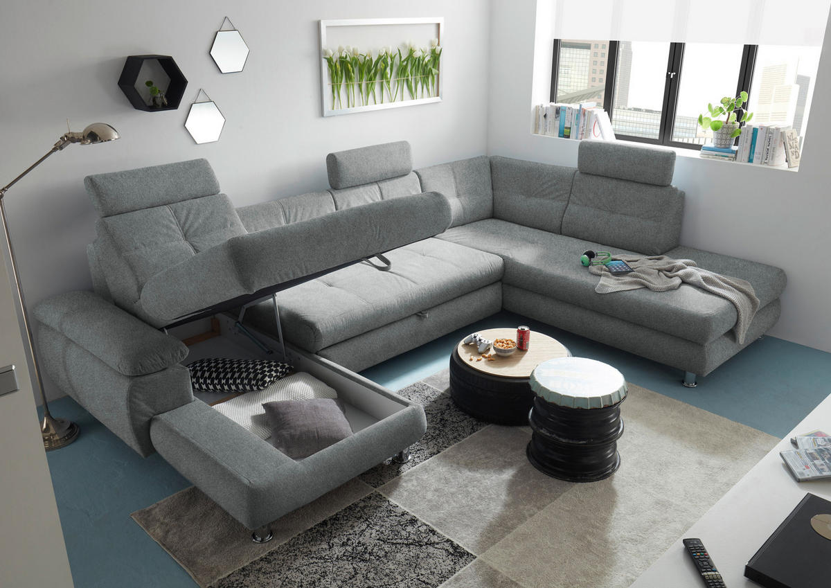 WOHNLANDSCHAFT Hellgrau Webstoff  - Hellgrau, MODERN, Kunststoff/Textil (177/349/233cm) - MID.YOU
