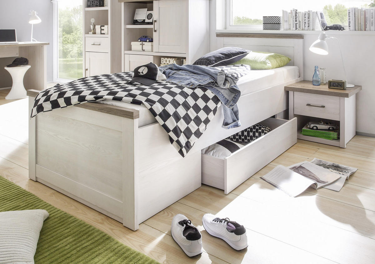 STAURAUMBETT 90/200 cm  in Weiß, Trüffeleichefarben  - Trüffeleichefarben/Weiß, LIFESTYLE, Holzwerkstoff (90/200cm) - Carryhome