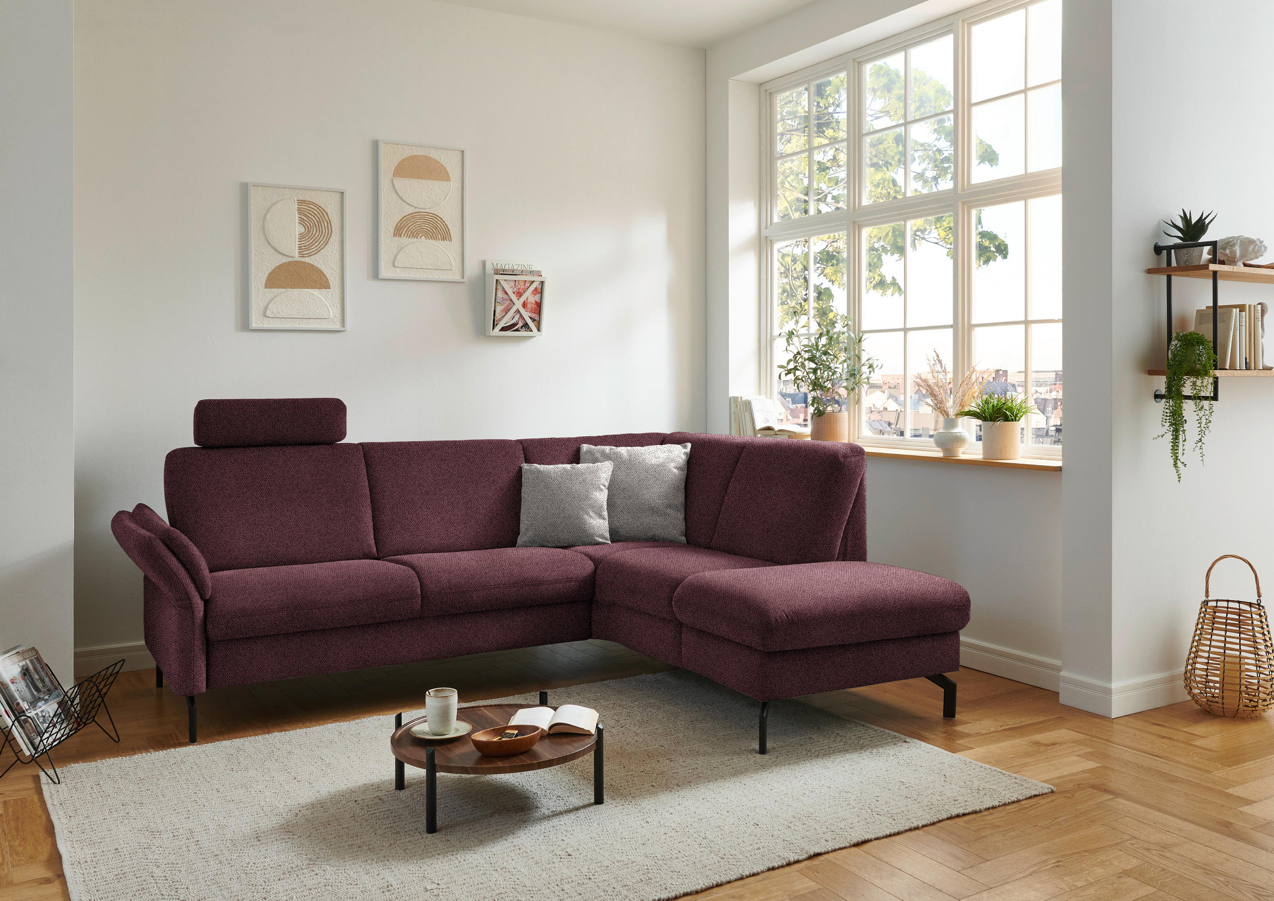 ECKSOFA in Flachgewebe Weinrot  - Weinrot/Schwarz, Konventionell, Textil/Metall (241/190cm) - Beldomo Comfort