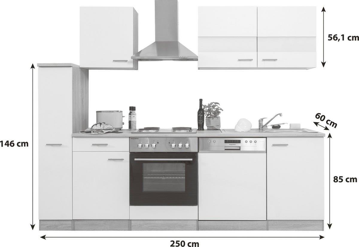 KÜCHENBLOCK 250 cm   in Grau  - Edelstahlfarben/Eichefarben, Basics, Holzwerkstoff/Metall (250cm) - Respekta