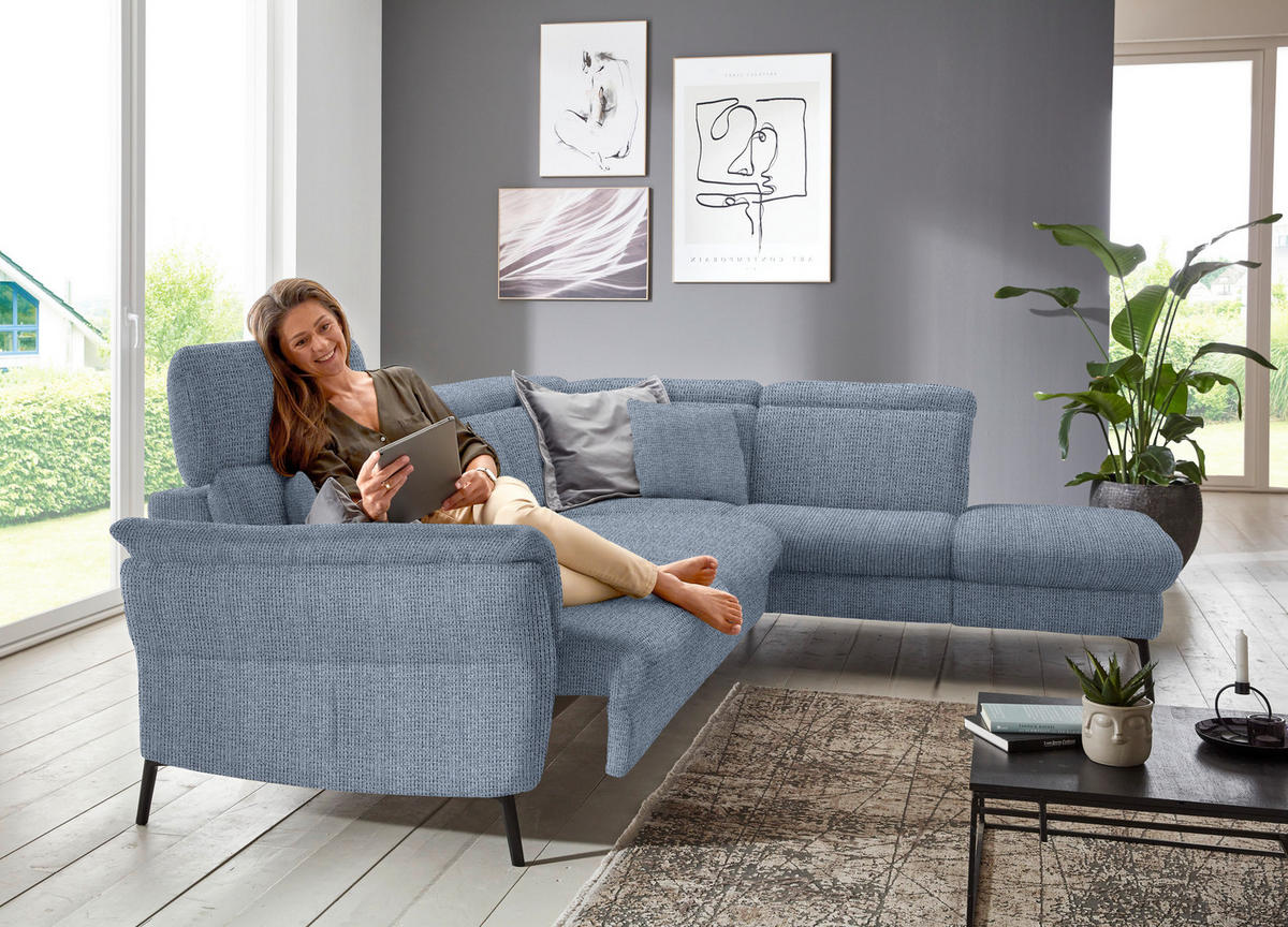 ECKSOFA in Struktur Hellblau  - Schwarz/Hellblau, Modern, Textil/Metall (275/235cm) - Cantus