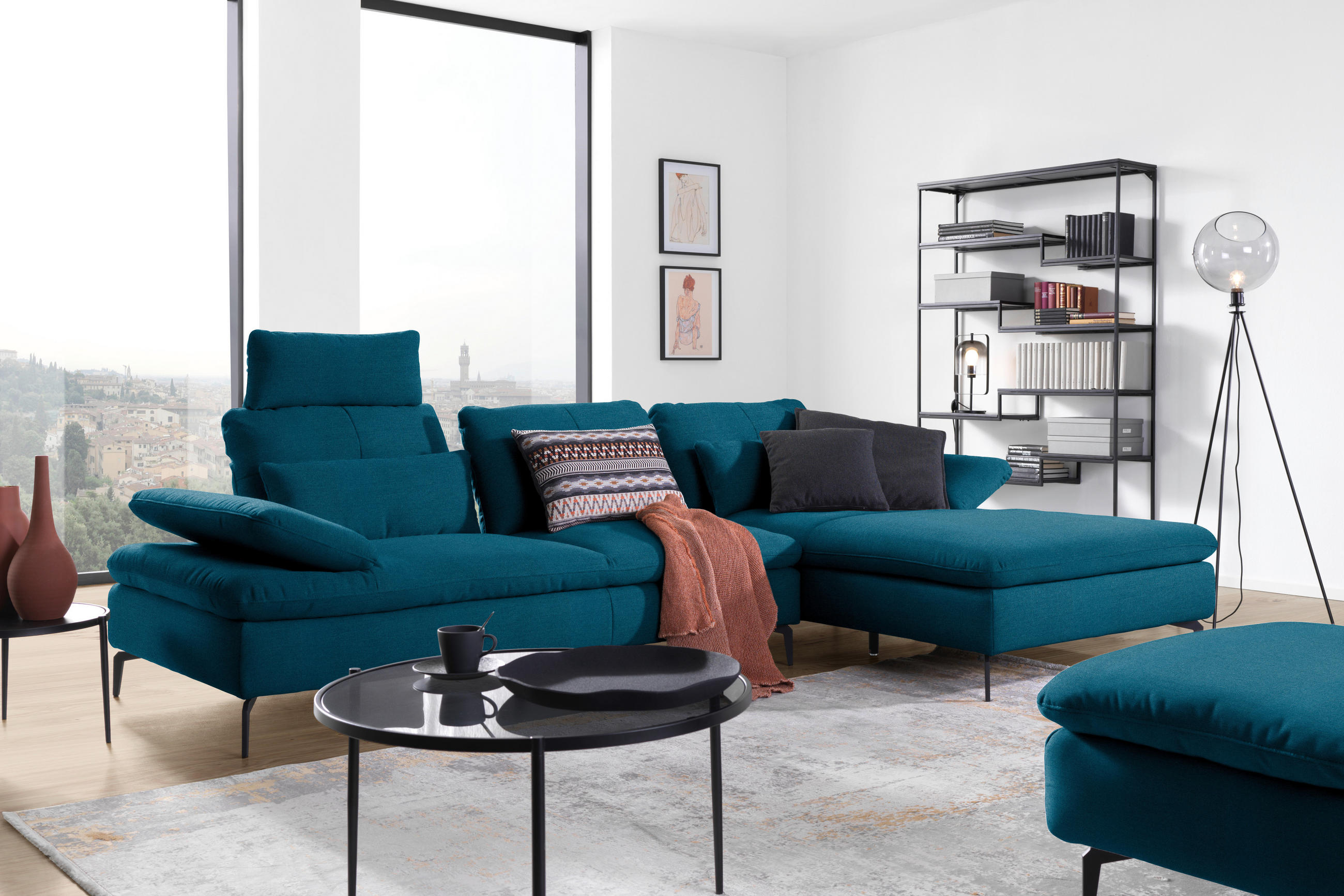 ECKSOFA in Webstoff Dunkelblau  - Schwarz/Dunkelblau, Design, Textil/Metall (301/179cm) - Chilliano