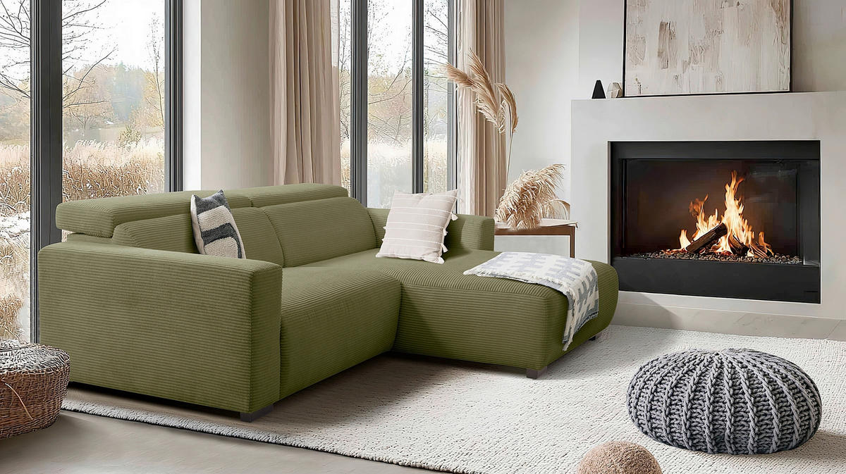 ECKSOFA RENO Grün Cord Relaxfunktion, Kopfteilverstellung  - Schwarz/Grün, Design, Kunststoff/Textil (248/184cm) - Livetastic