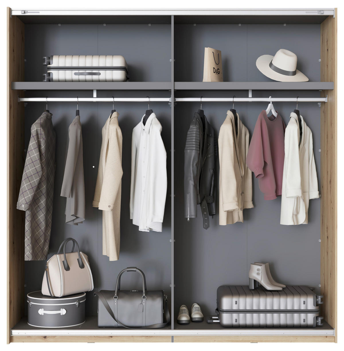 SKRIŇA S POS. DVER. – HOR.VED, dub artisan, 220/217,5/61 cm - čierna/dub artisan, Basics, kov/kompozitné drevo (220/217,5/61cm) - Xora