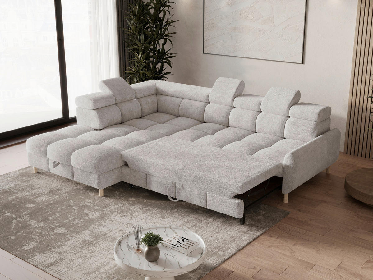 ECKSOFA BUN in Bouclé Hellgrau  - Elfenbein/Hellgrau, Design, Holz/Textil (209/276cm) - MID.YOU
