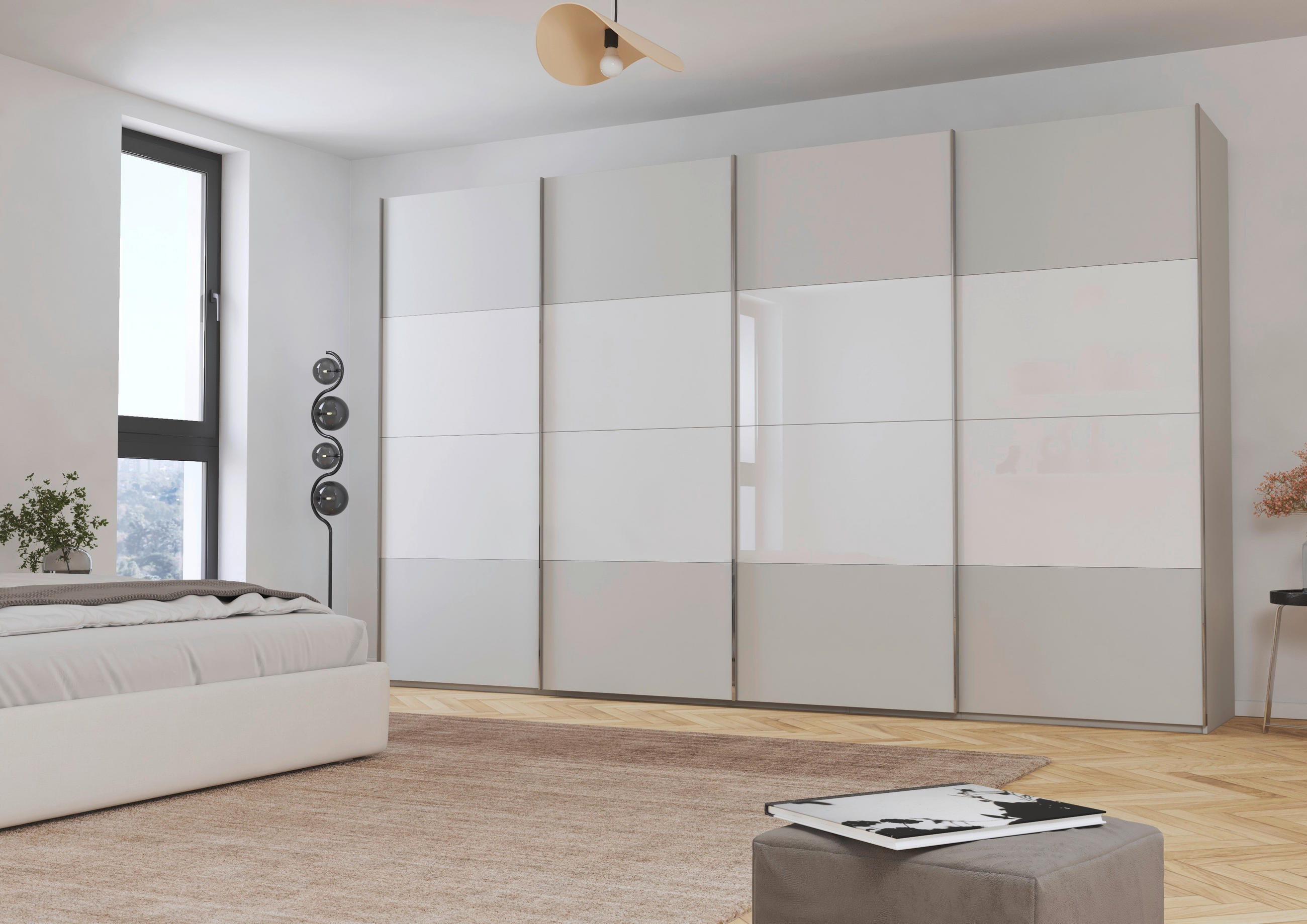 SCHWEBETÜRENSCHRANK 361/235/68 cm 4-türig Weiß, Seidengrau  - Chromfarben/Seidengrau, KONVENTIONELL, Glas/Holzwerkstoff (361/235/68cm) - Novel