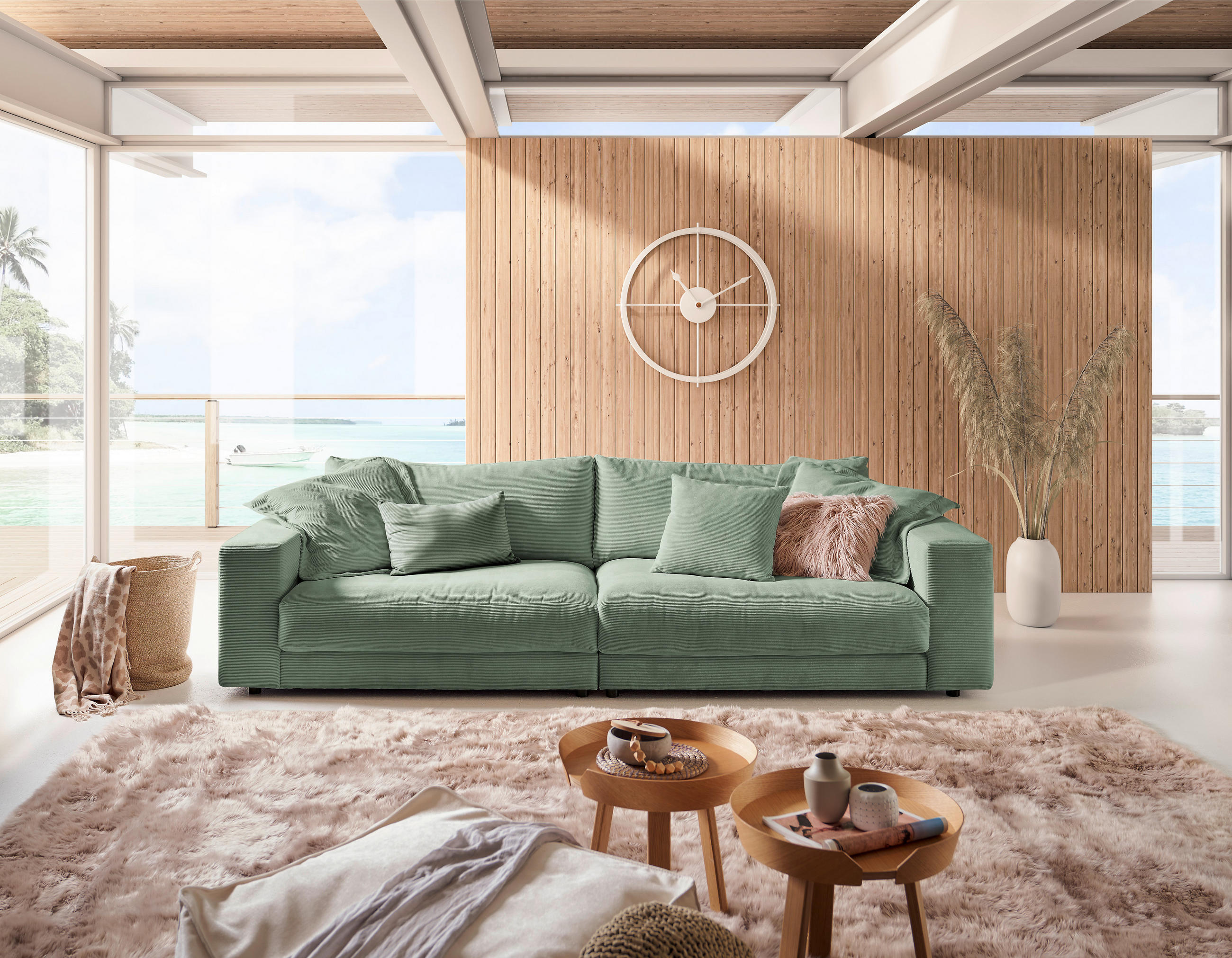 3-SITZER-SOFA in Feincord Olivgrün  - Schwarz/Olivgrün, Design, Kunststoff/Textil (290/86/127cm) - Lomoco