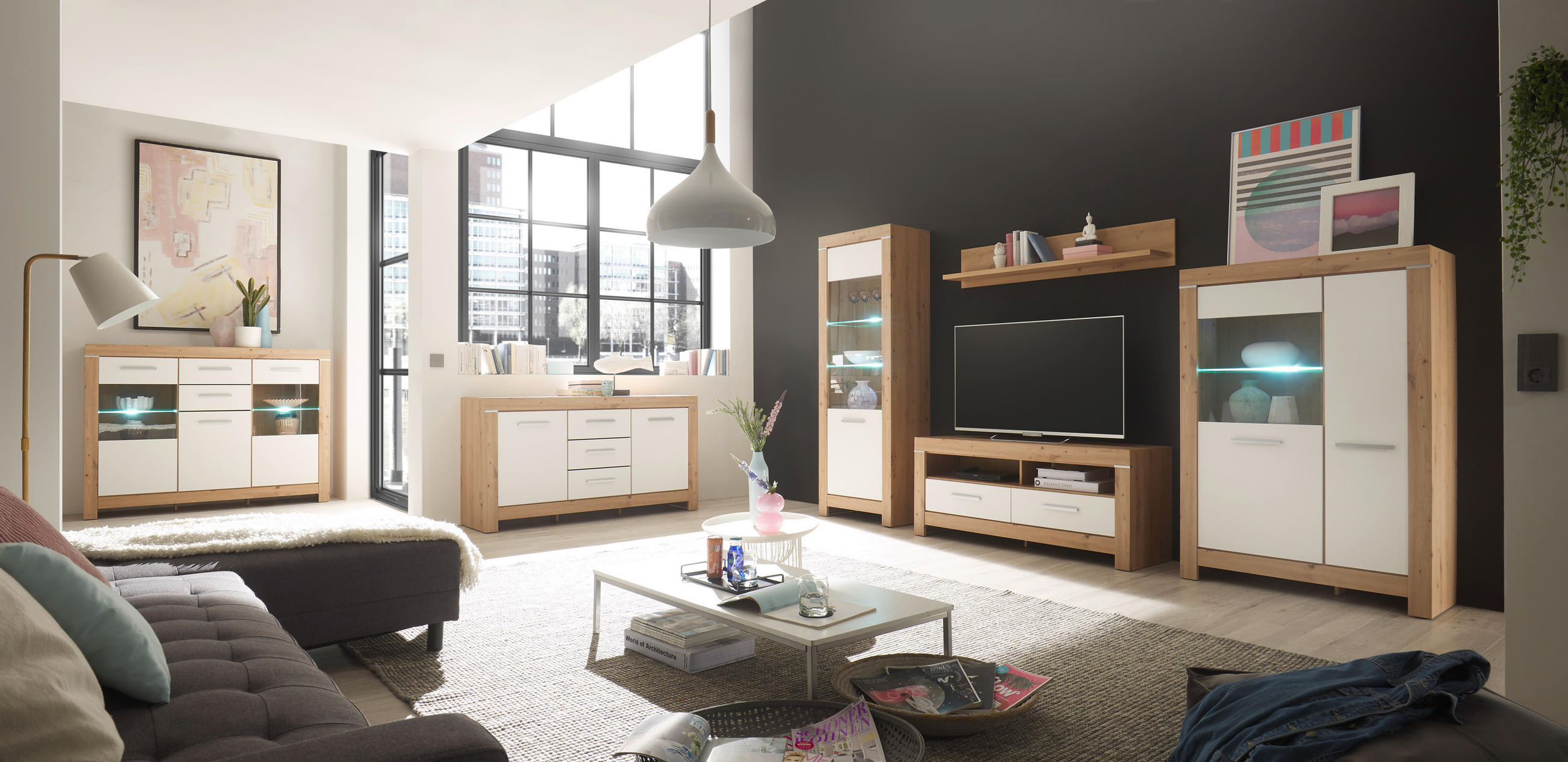 HIGHBOARD  in 160/125/45 cm  - Silberfarben/Eiche Artisan, Design, Glas/Holzwerkstoff (160/125/45cm) - MID.YOU