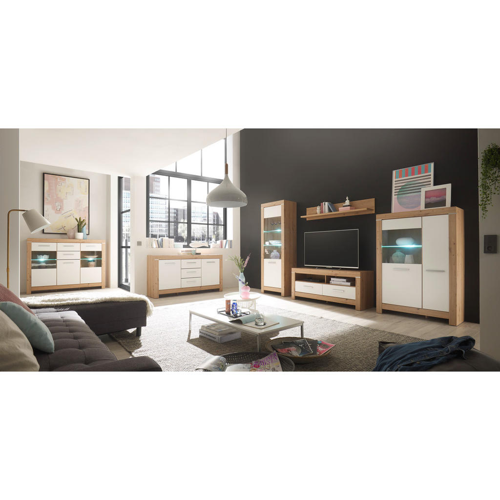 Thumbnail - Mid.you Highboard, Weiß, Eiche Artisan, Glas, Holzwerkstoff, 5 Fächer, 2 Schubladen, 160x125x45 cm, Beimöbel erhältlich,...