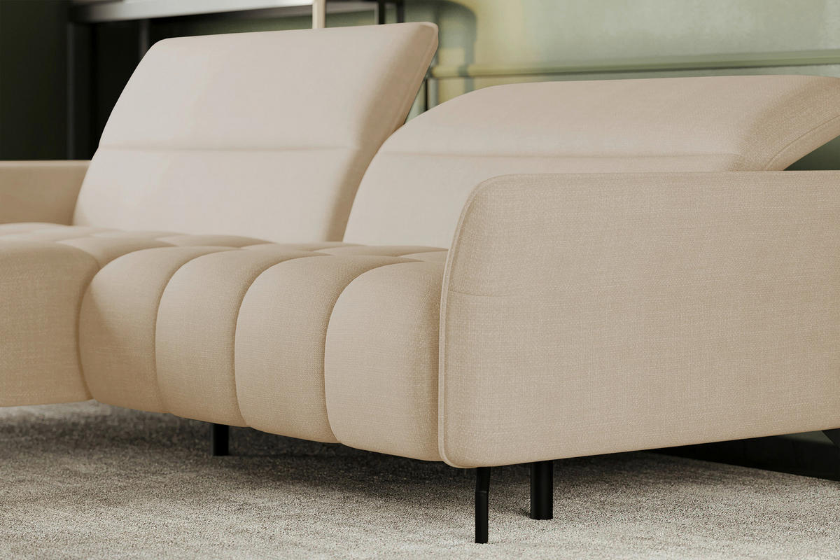 ECKSOFA Beige Flachgewebe Rücken echt, Kopfteilverstellung, Sitztiefenverstellung  - Beige/Schwarz, KONVENTIONELL, Textil/Metall (175/272cm) - Carryhome