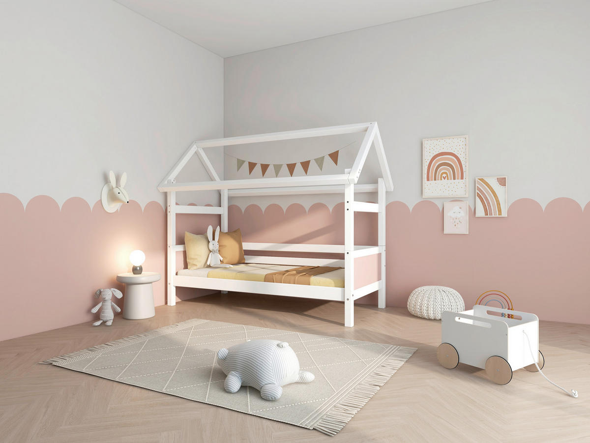 HAUSBETT 90/200 cm,  in Rosa, Weiß, Rollrost  - Rosa/Weiß, MODERN, Holz (90/200cm) - Chameo