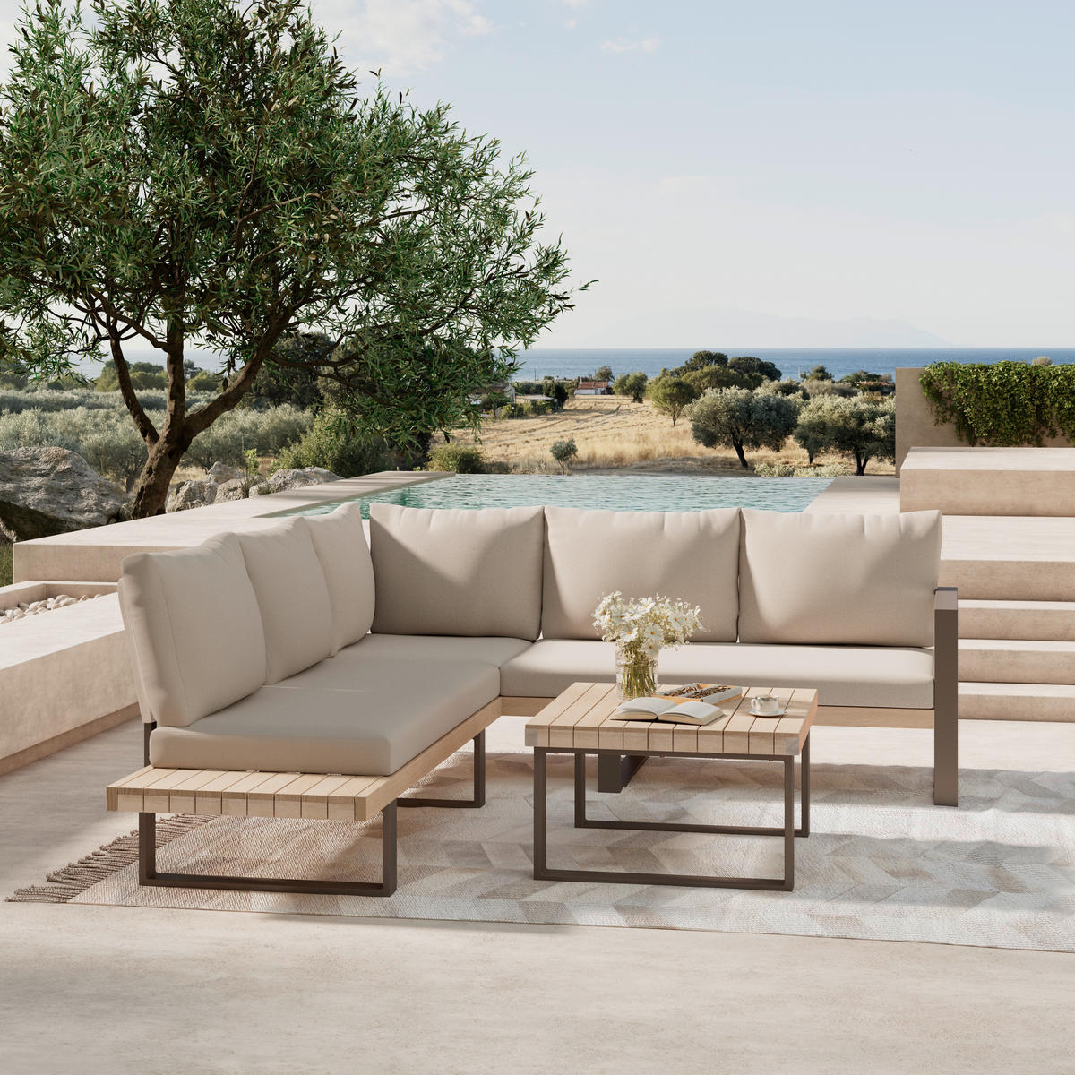 LOUNGEGARNITUR 3-teilig  - Beige/Akaziefarben, Modern, Holz/Metall (216/238cm) - Ambia Garden