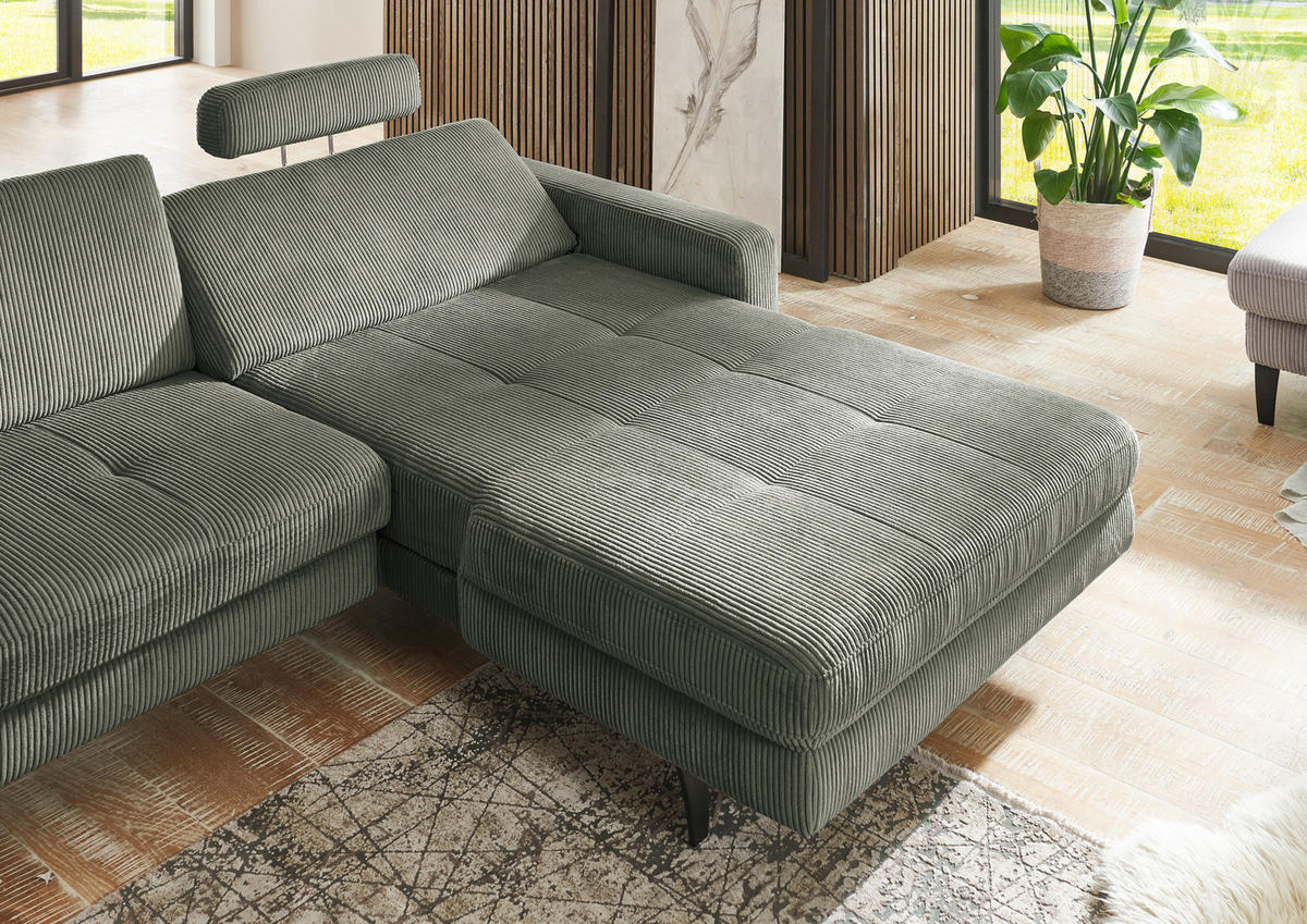 ECKSOFA in Cord Olivgrün  - Schwarz/Olivgrün, Modern, Textil/Metall (302/177cm) - Beldomo Style