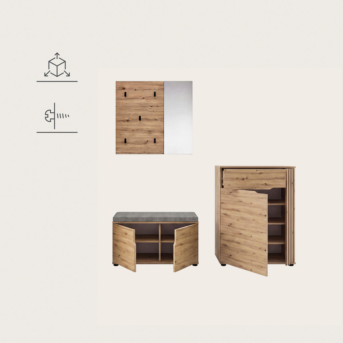 GARDEROBE 3-teilig  in 175/191/37 cm  - Eiche Artisan, Design, Holzwerkstoff (175/191/37cm) - MID.YOU