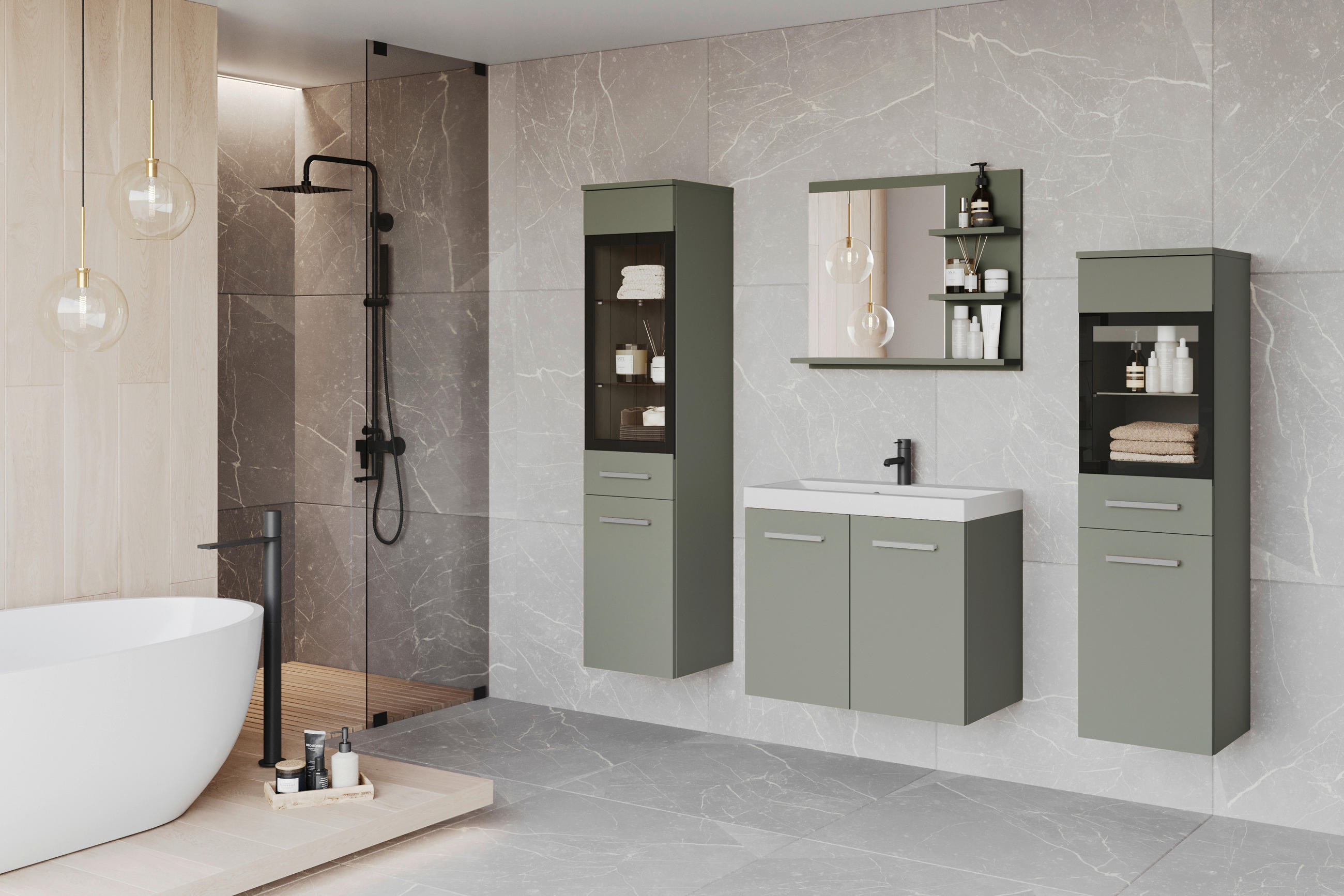BADEZIMMER 5-teilig  in  - Weiss/Grün, Lifestyle, Glas/Keramik (120,4/131,5/34,5cm) - P & B