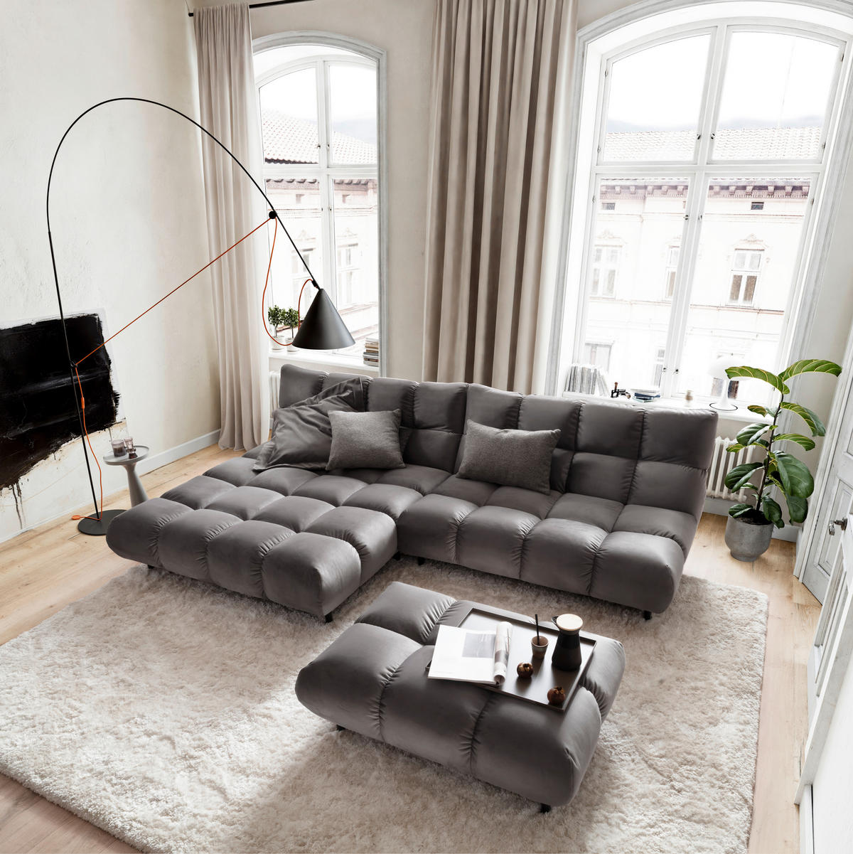 ECKSOFA Grau Velours  - Schwarz/Grau, Design, Holz/Textil (178/293cm) - Pure Home Lifestyle