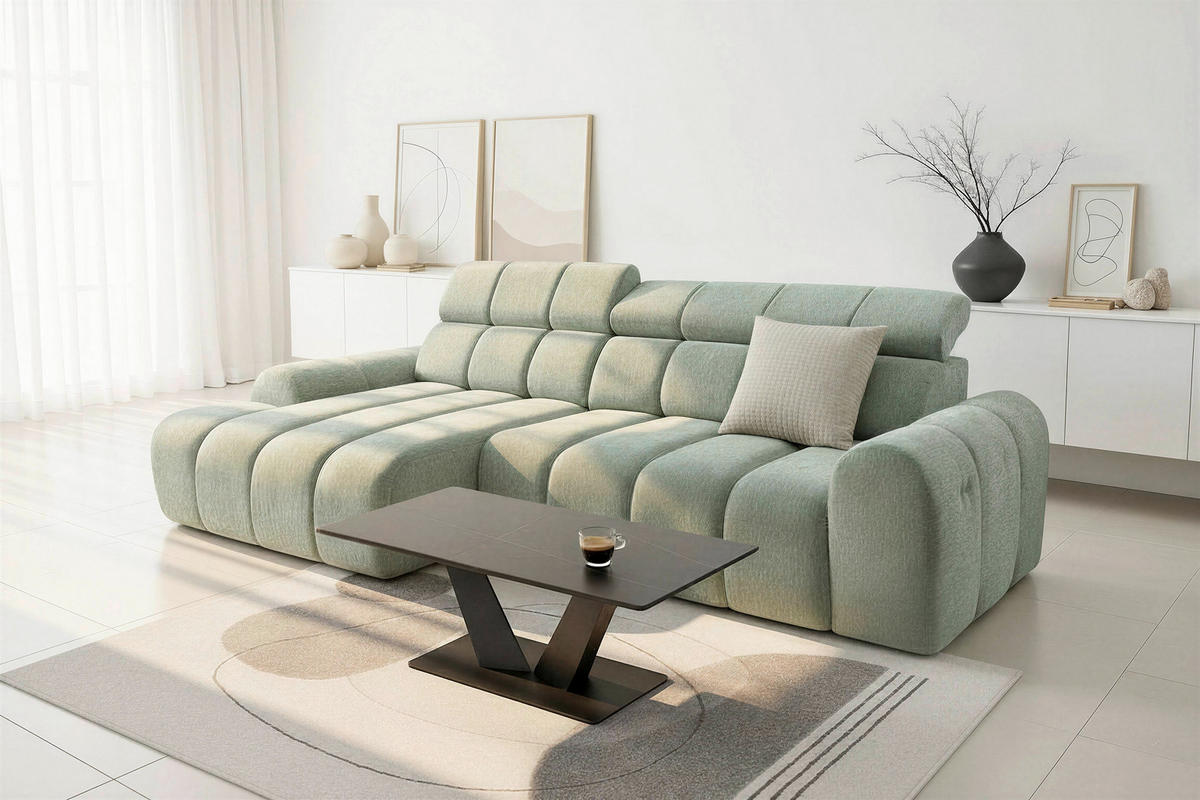 ECKSOFA Salbeigrün Chenille Bettkasten, Rücken echt, Relaxfunktion, Kopfteilverstellung  - Salbeigrün/Schwarz, Design, Kunststoff/Textil (152/290cm) - Stylife