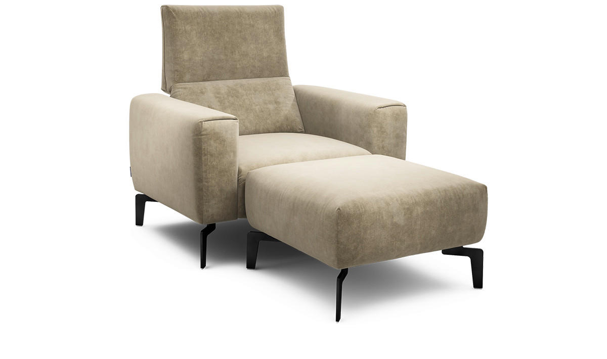 Sessel inkl. Hocker in Samt Naturfarben  - Schwarz/Naturfarben, Design, Textil/Metall (110/85/86-94cm) - SENSOO