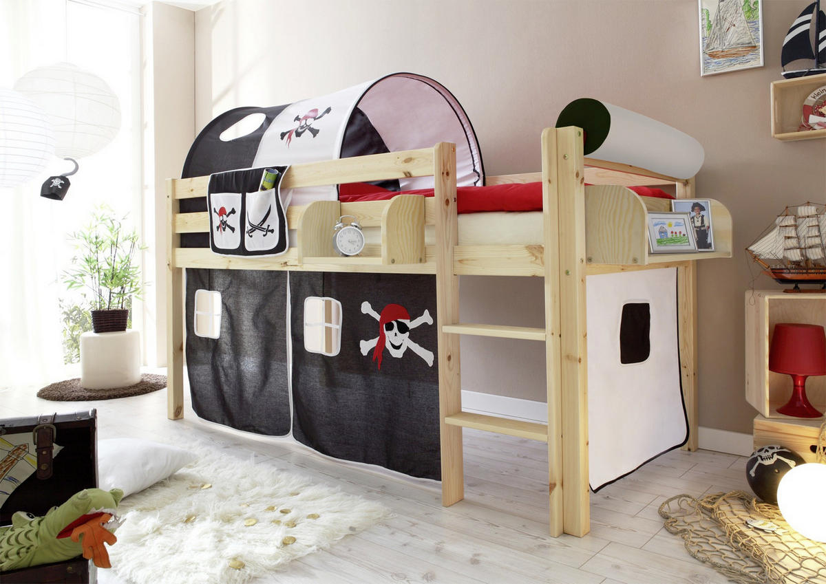 Spielbett "Malte", aus Kiefer, 90/200 cm  - Weiss/Schwarz, Natur, Holz (90/200cm) - MID.YOU