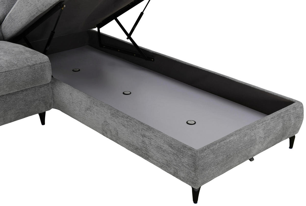ECKSOFA Grau Chenille Relaxfunktion, Kopfteilverstellung, Stauraum  - Schwarz/Grau, Design, Textil/Metall (266/220cm) - Xora