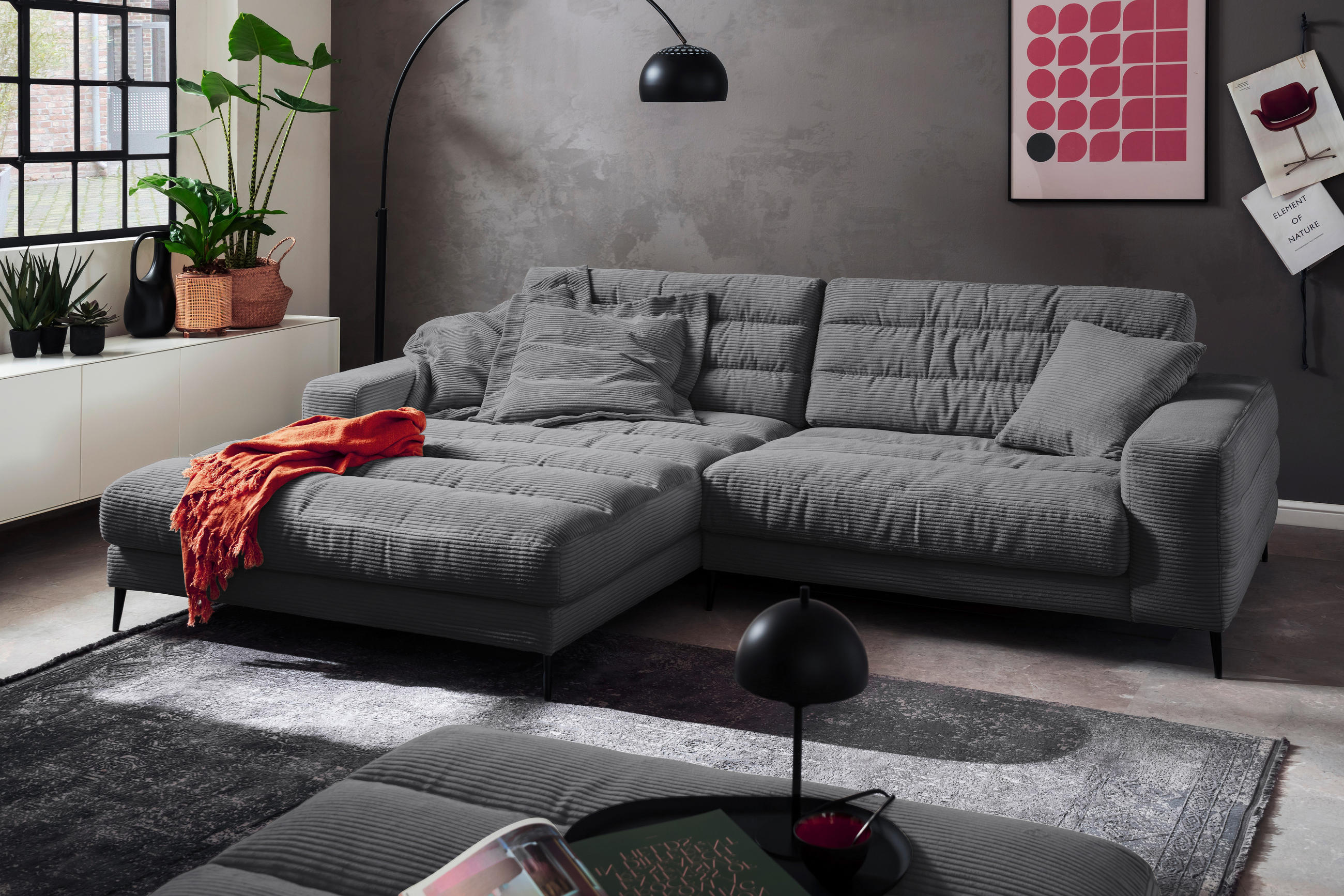 ECKSOFA Badia Dunkelgrau Cord  - Dunkelgrau/Schwarz, Design, Textil/Metall (207/296cm) - Dieter Knoll
