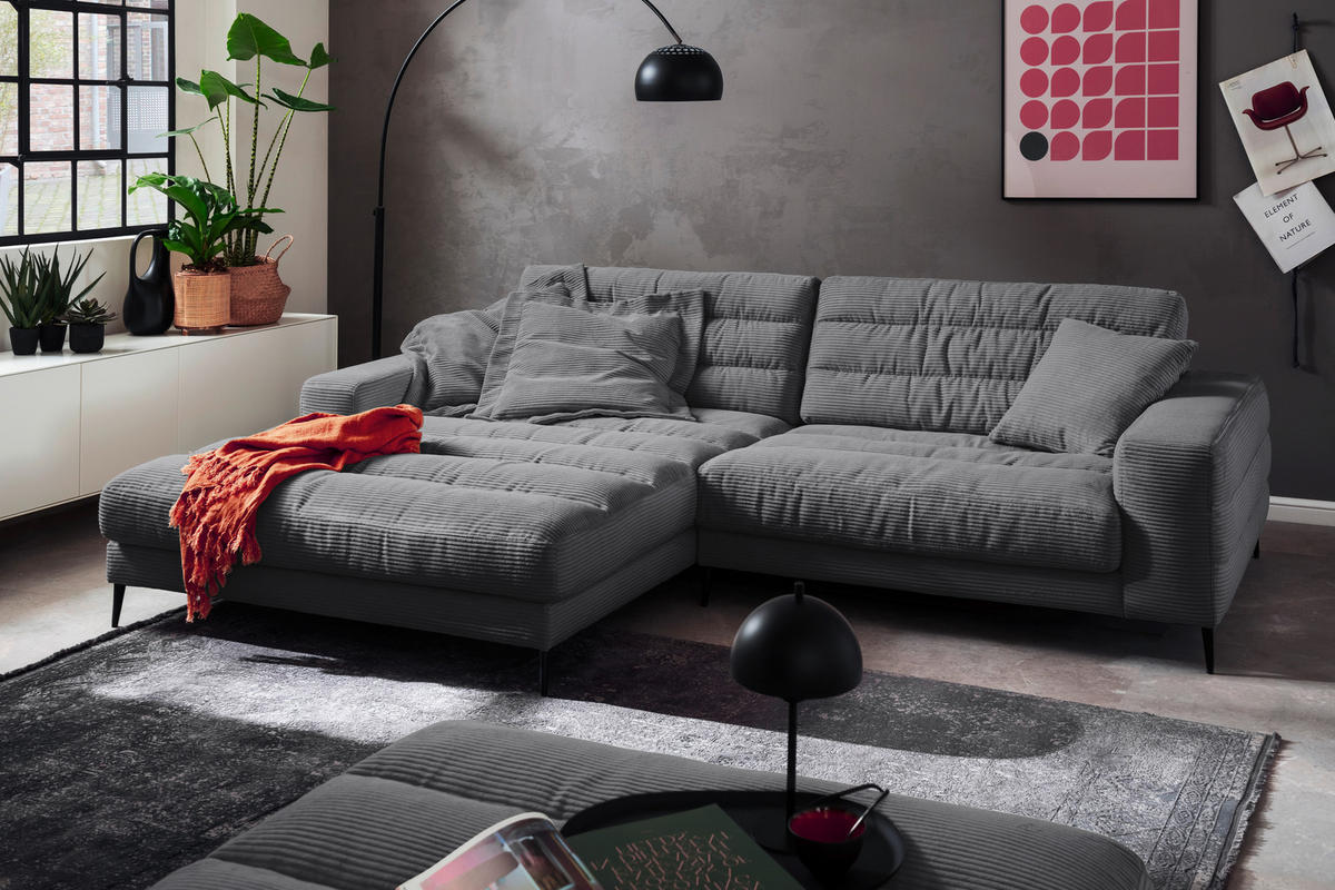 ECKSOFA Ottomane links  Badia Dunkelgrau Cord  - Dunkelgrau/Schwarz, Design, Textil/Metall (207/296cm) - Dieter Knoll
