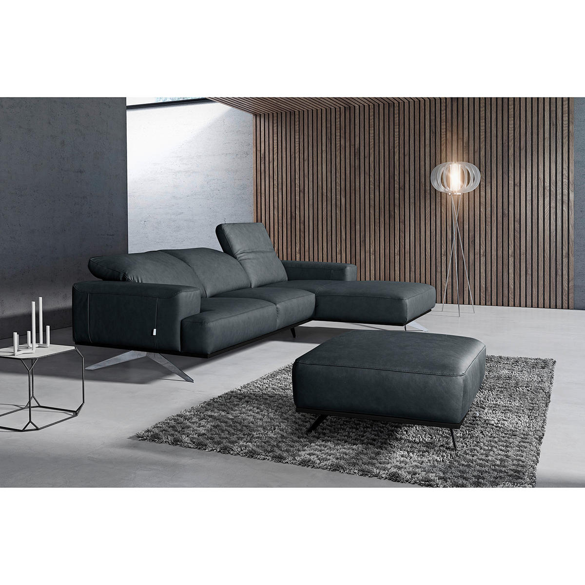 ECKSOFA  in Echtleder Grau  295/187 cm  - Chromfarben/Grau, Design, Leder/Metall (295/187cm) - Livetastic