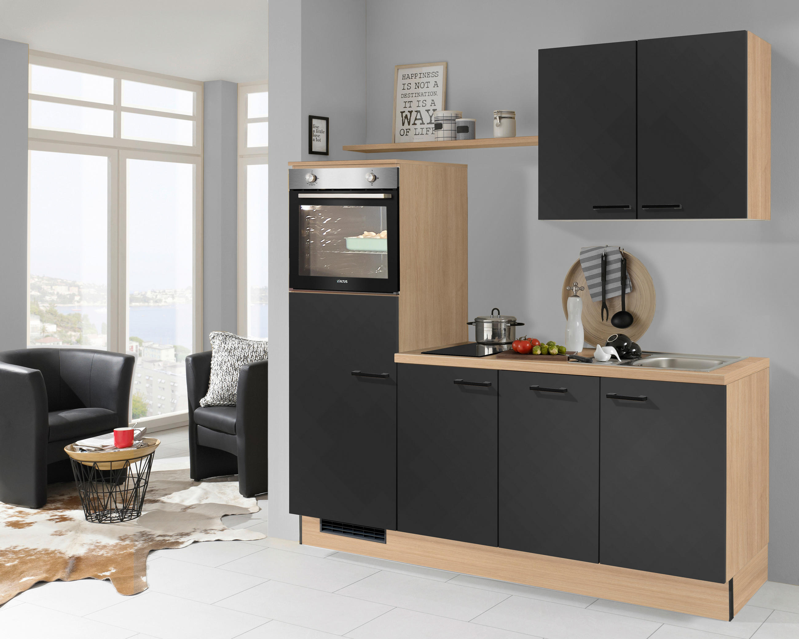 KÜCHENBLOCK 205 cm   in Graphitfarben, Eichefarben  - Edelstahlfarben/Eichefarben, Design, Holzwerkstoff/Metall (205cm) - Xora