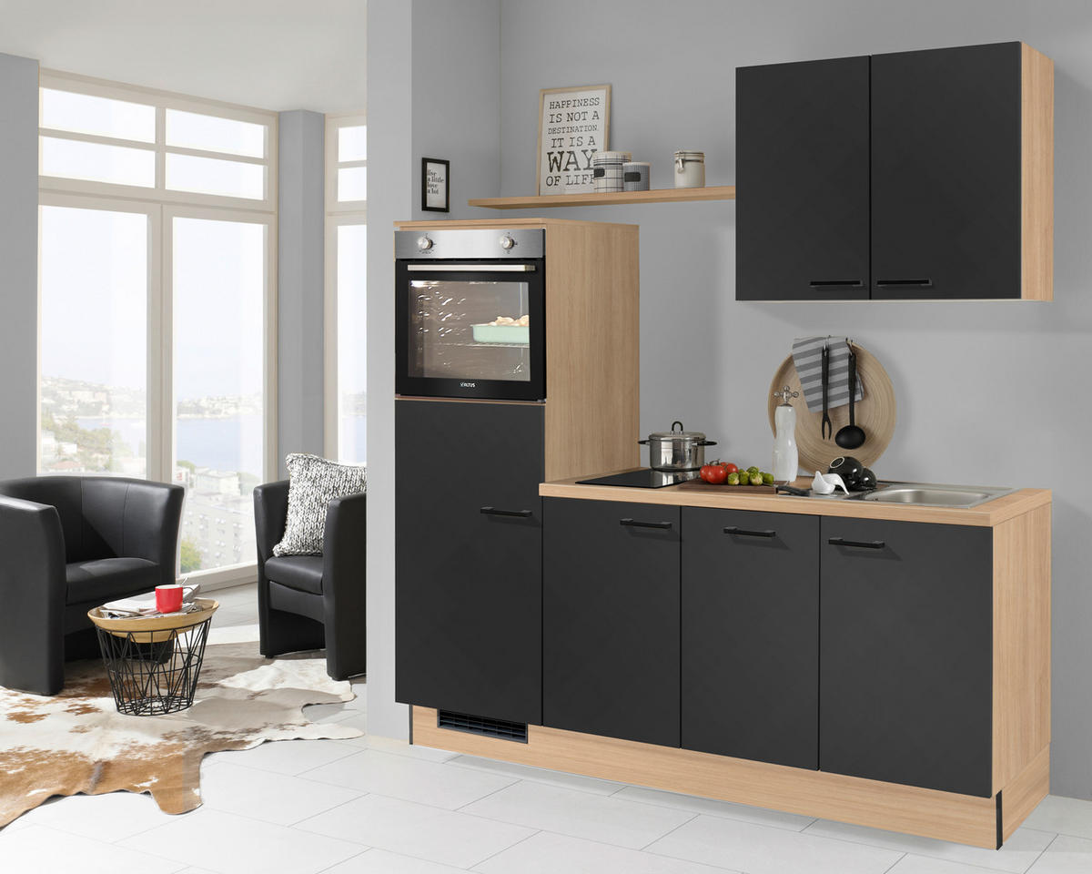 KÜCHENBLOCK 205 cm   in Graphitfarben, Eichefarben  - Edelstahlfarben/Eichefarben, Design, Holzwerkstoff/Metall (205cm) - Xora