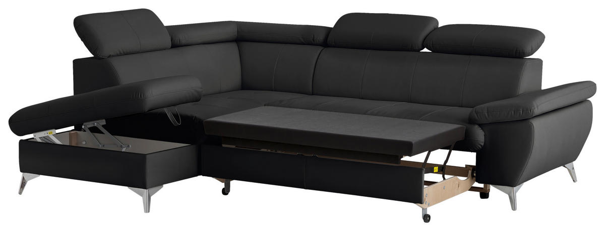 ECKSOFA Schwarz Lederlook  - Chromfarben/Schwarz, KONVENTIONELL, Textil/Metall (209/256cm) - Livetastic