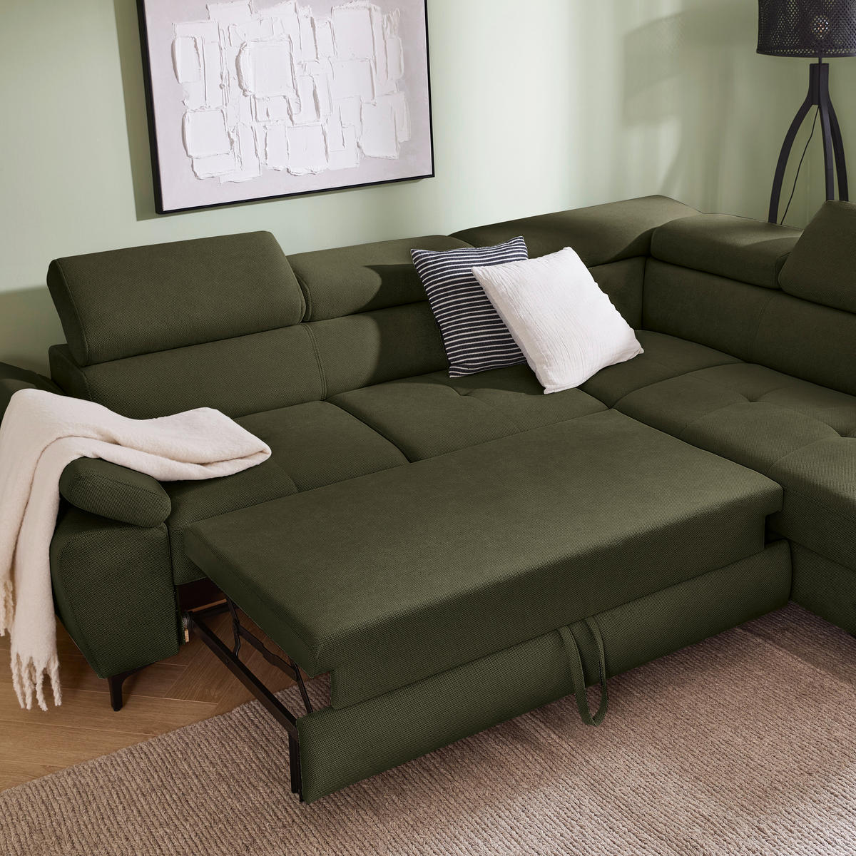 ECKSOFA inkl. Funktion COMBO Dunkelgrün Flachgewebe  - Dunkelgrün/Schwarz, Design, Textil/Metall (266/206cm) - Stylife