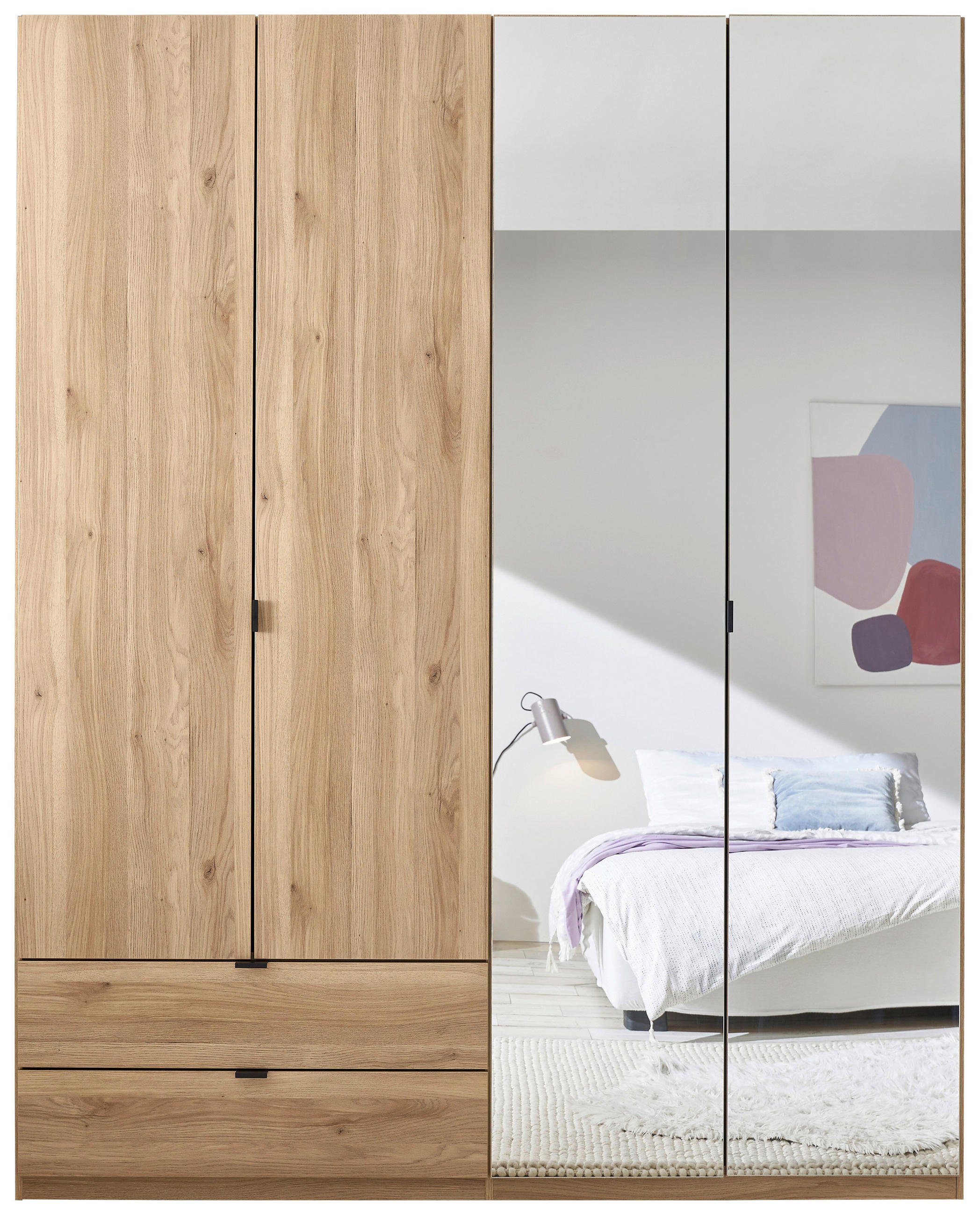 Thumbnail - Xora Drehtürenschrank, Eiche, Metall, 4 Fächer, 2 Schublade(n) Schubladen, 180x225.5x57 cm, Schrankfront mit Spiegel, Sc...