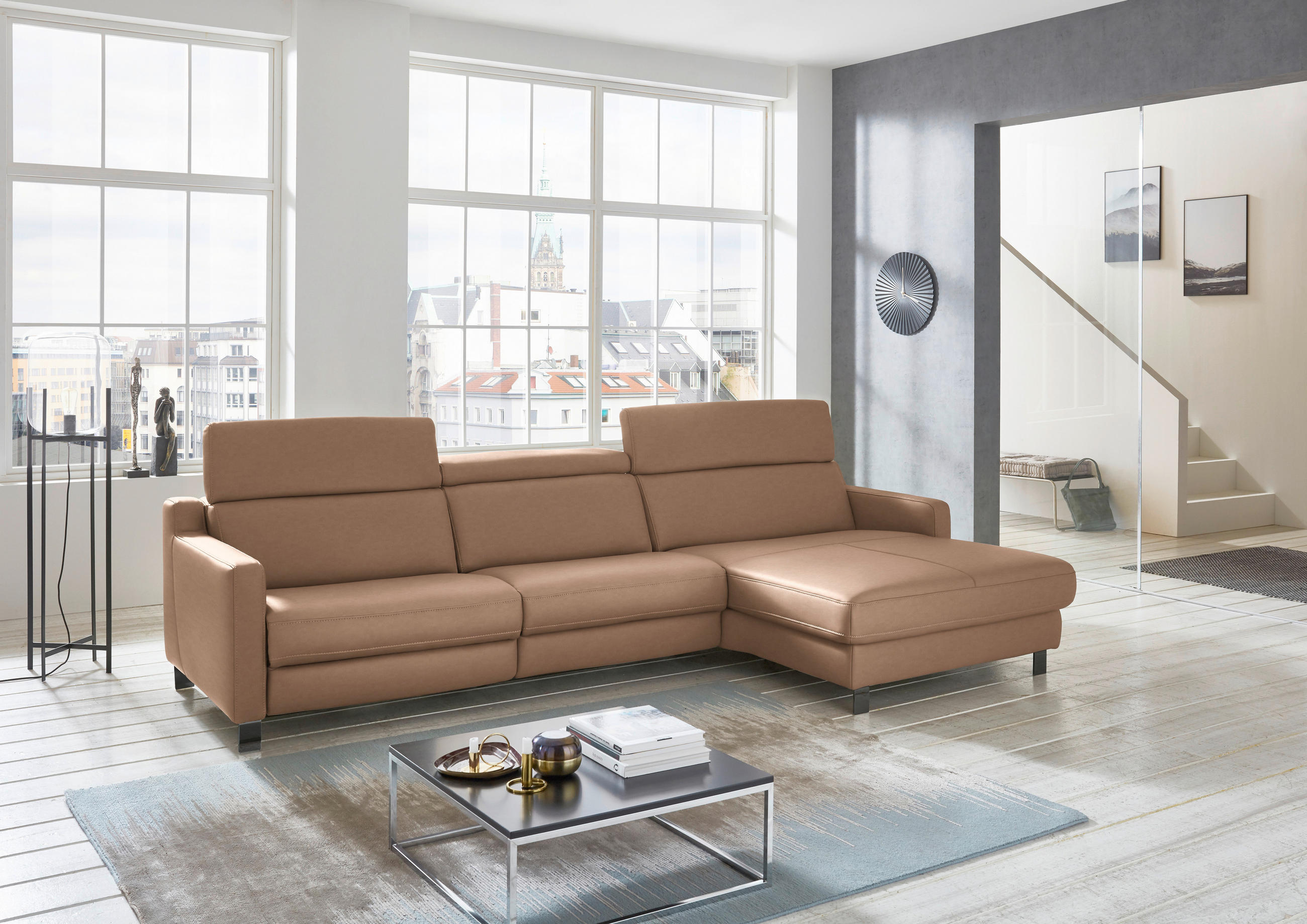 ECKSOFA in Echtleder Braun  - Schwarz/Braun, Design, Leder/Metall (291/176cm) - Valdera