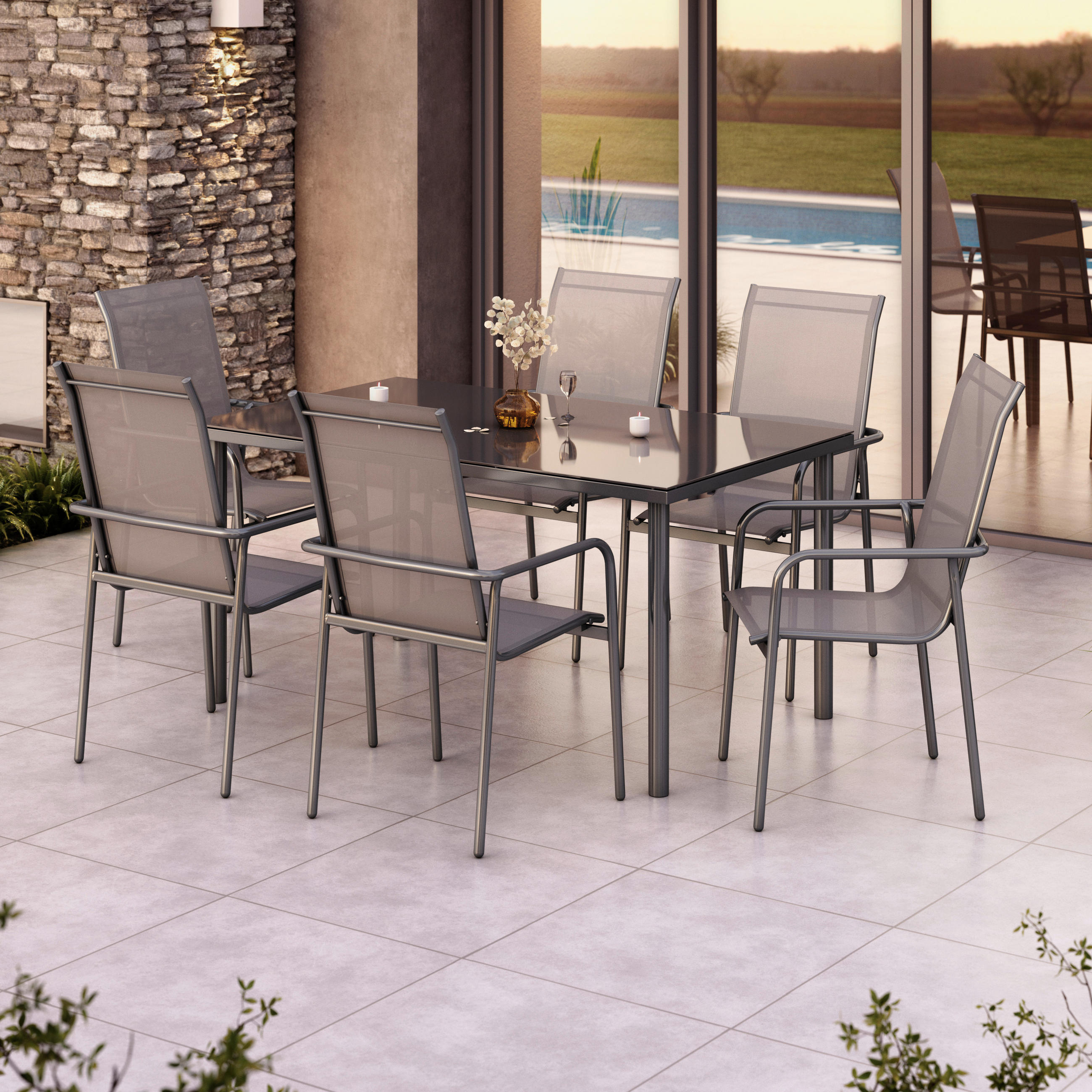 Ambia Garden ZOSTAVA ZÁHRADNÉHO NÁBYTKU kov, sklo, textil