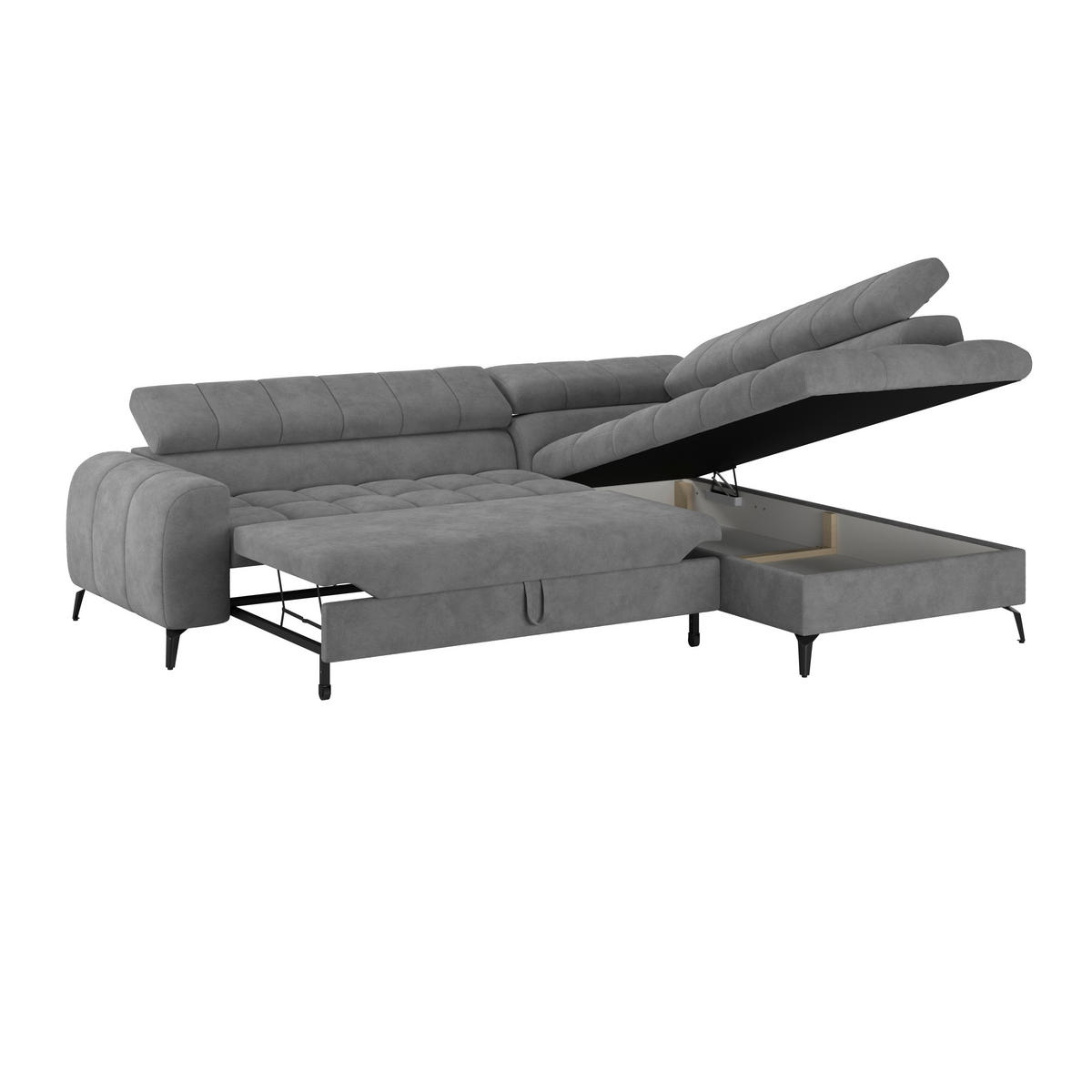ECKSOFA Graublau Bettkasten, Rücken echt, Kopfteilverstellung  - Graublau/Schwarz, Trend, Kunststoff/Textil (261/203cm) - Livetastic