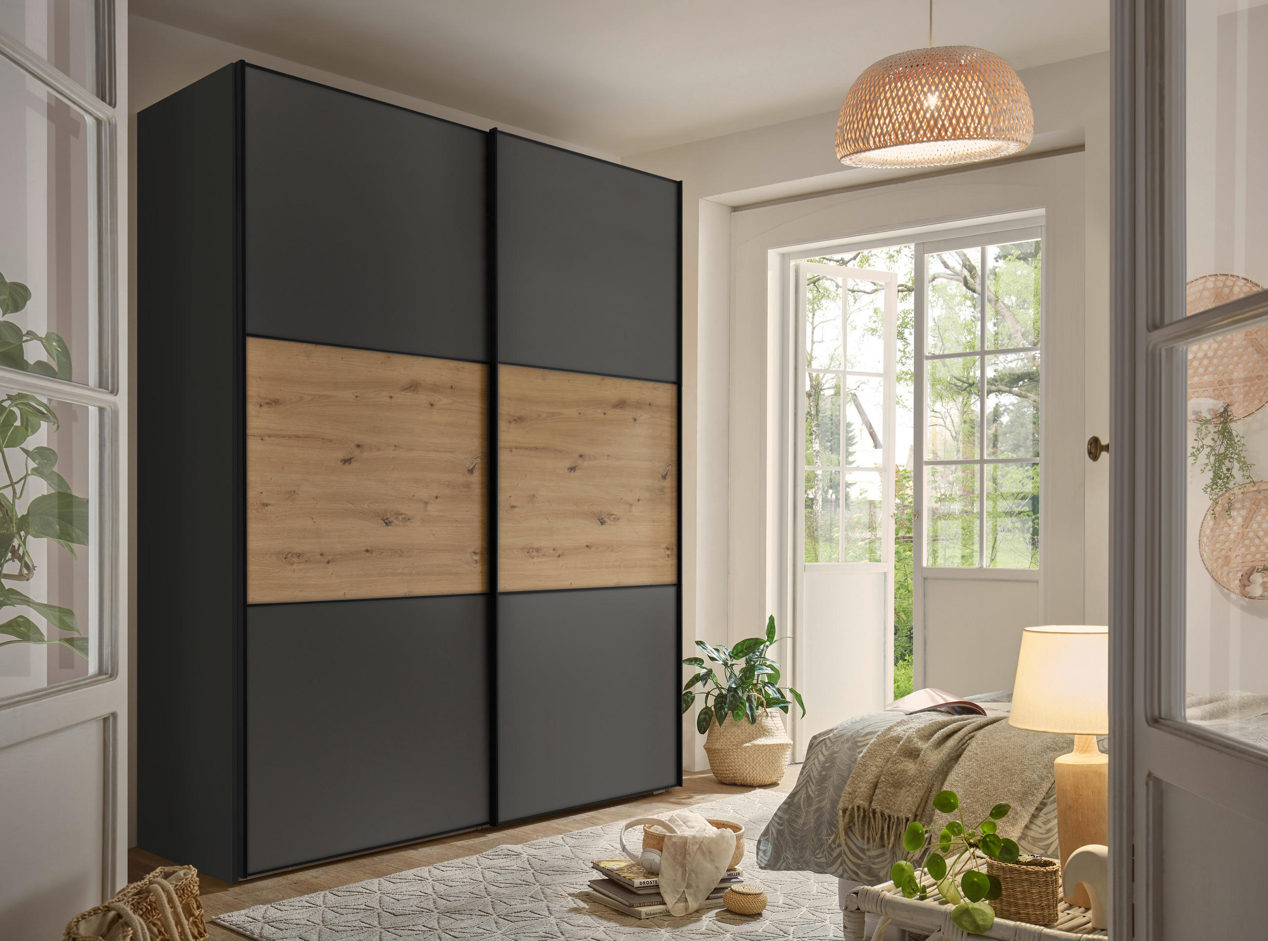 Thumbnail - Moderano Schwebetürenschrank, Anthrazit, Eiche Artisan, Holzwerkstoff, 4 Fächer, 2 Schublade(n) Schubladen, 167x222x68 c...