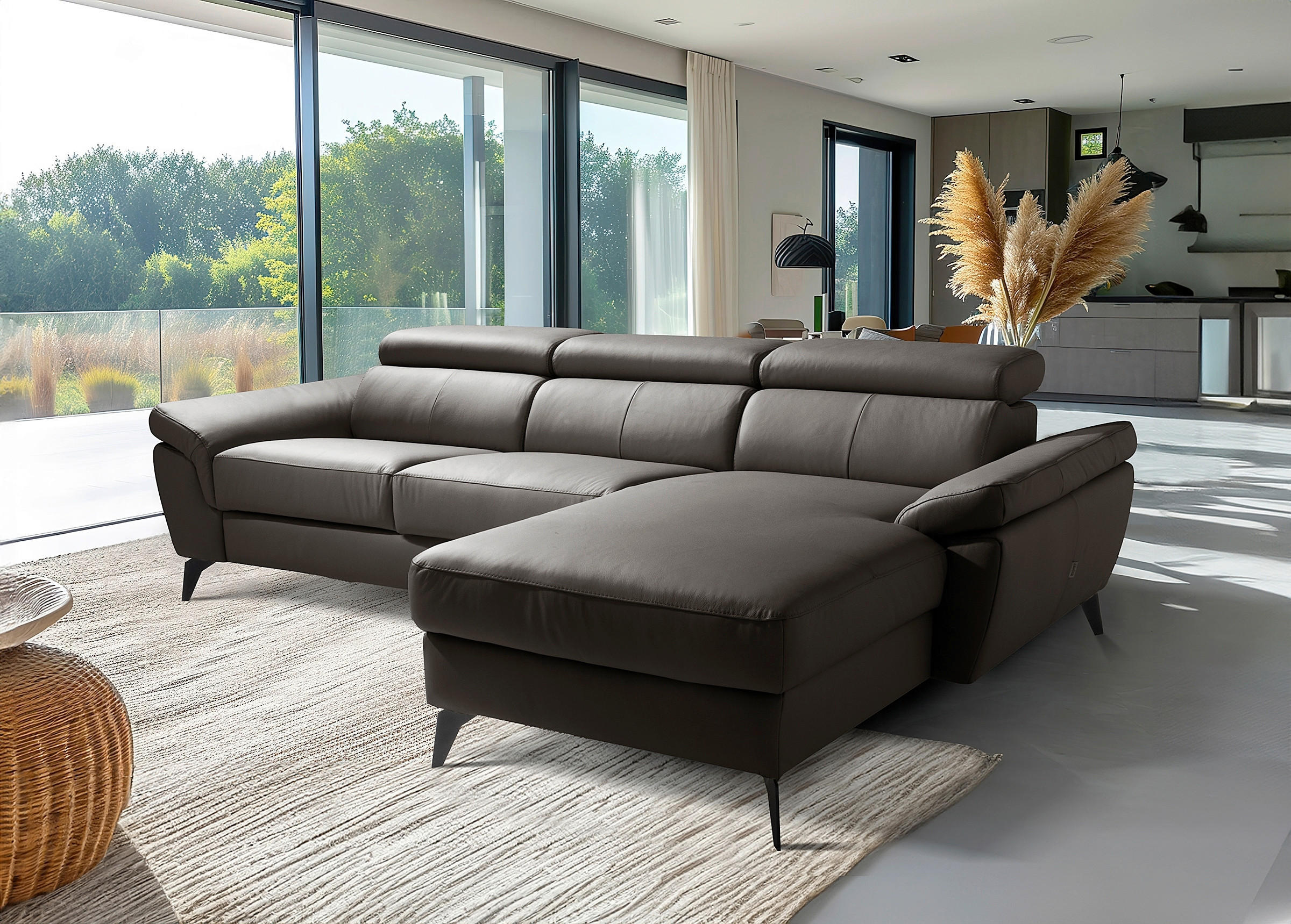 ECKSOFA SONO in Lederlook Echtleder Dunkelbraun Armteilverstellung, Kopfteilverstellung  252/179 cm  - Dunkelbraun/Schwarz, Design, Leder/Textil (252/179cm) - Livetastic