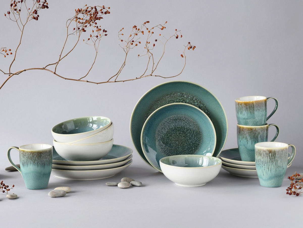 KOMPLETT SERVIS Caldera Grün 16 delar  - vit/grön, Basics, keramik - Creatable