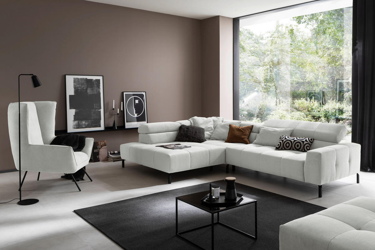 ECKSOFA in Feincord Hellgrau  - Hellgrau/Schwarz, Konventionell, Textil/Metall (219/311cm) - Hom`in