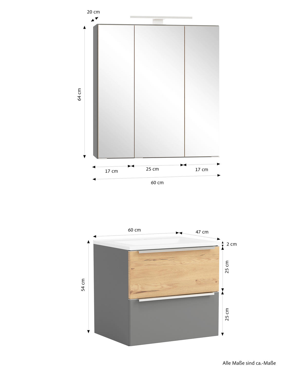 BADEZIMMER 2-teilig  in 60 cm  - Wildeiche/Edelstahlfarben, Trend, Glas/Holzwerkstoff (60cm) - Held