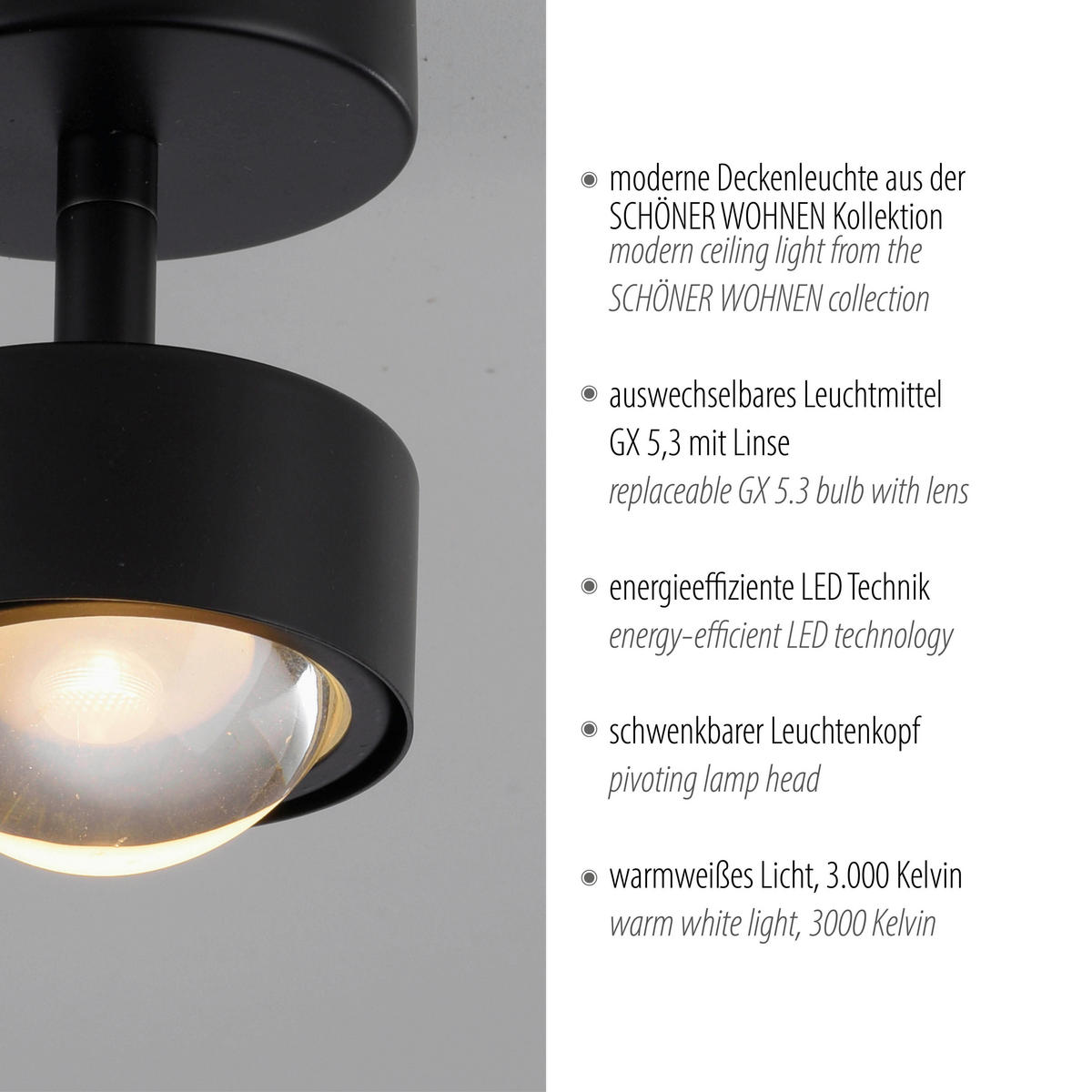 LED-DECKENLEUCHTE 10,5/8/12,5 cm   - Schwarz, Design, Kunststoff/Metall (10,5/8/12,5cm) - Schöner Wohnen