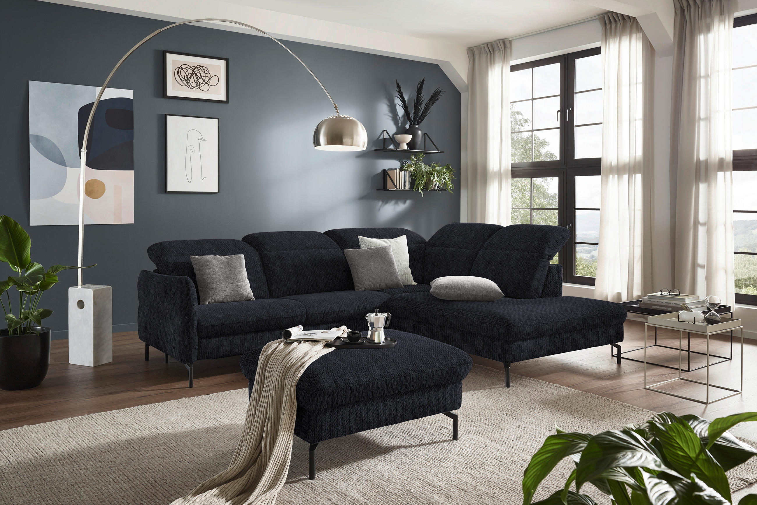 ECKSOFA in Flachgewebe Graphitfarben  - Schwarz/Graphitfarben, Design, Textil/Metall (299-313/233cm) - Dieter Knoll