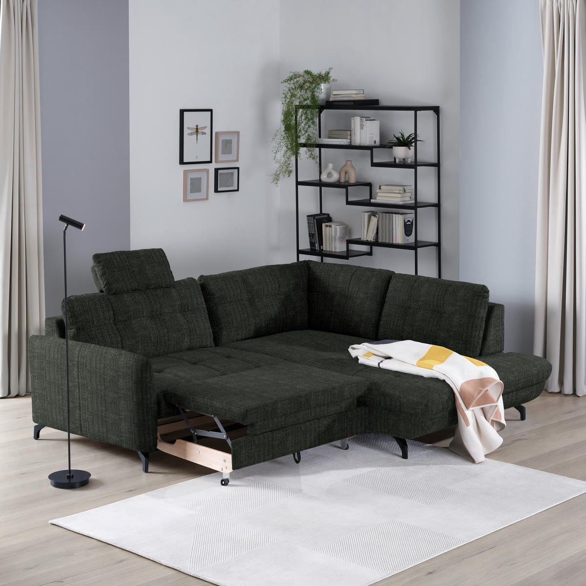 ECKSOFA in Flachgewebe, Leinenoptik Dunkelgrün  - Dunkelgrün/Schwarz, Modern, Textil/Metall (247/208cm) - Xora
