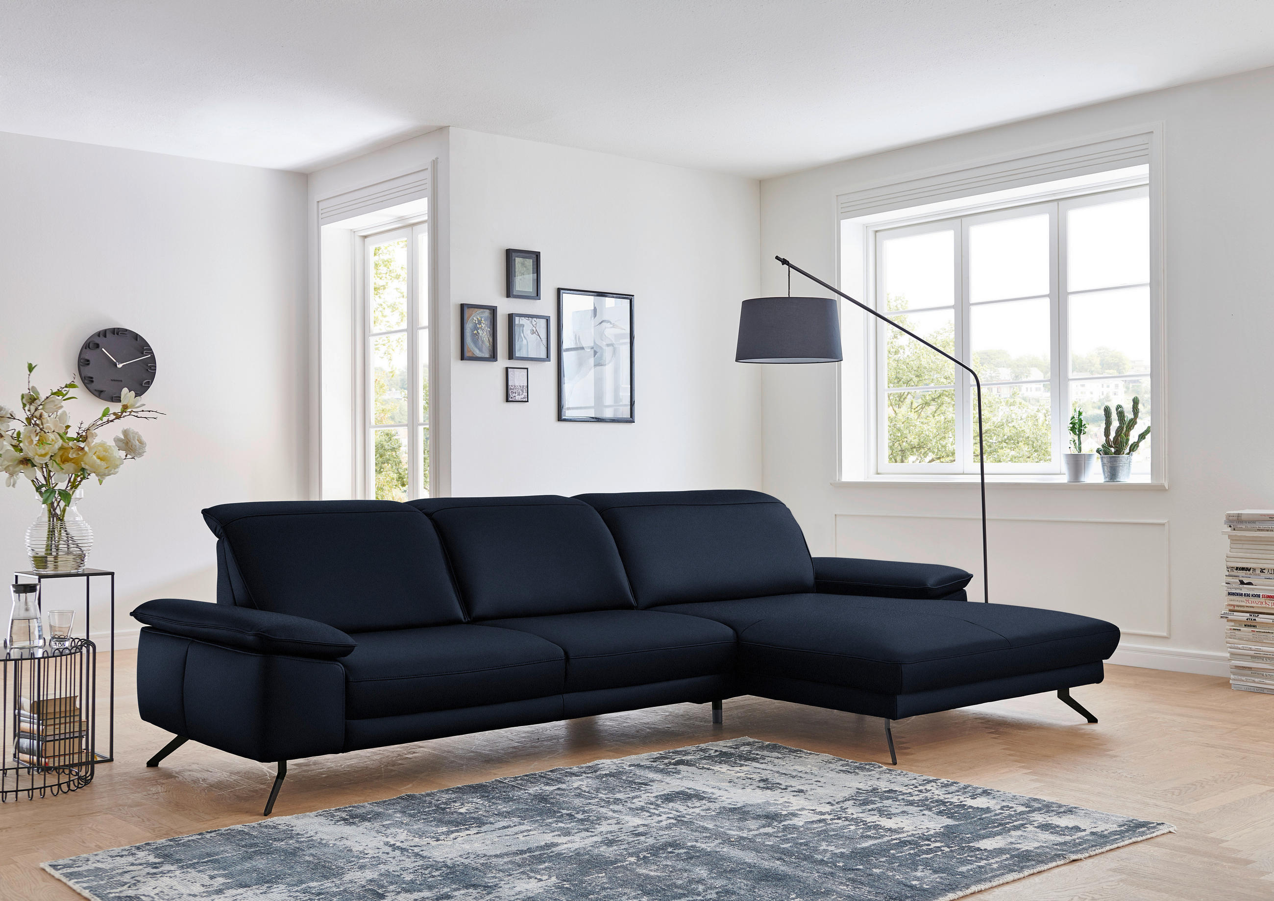 ECKSOFA in Echtleder Dunkelblau  - Schwarz/Dunkelblau, Design, Leder/Metall (328/193cm) - Dieter Knoll