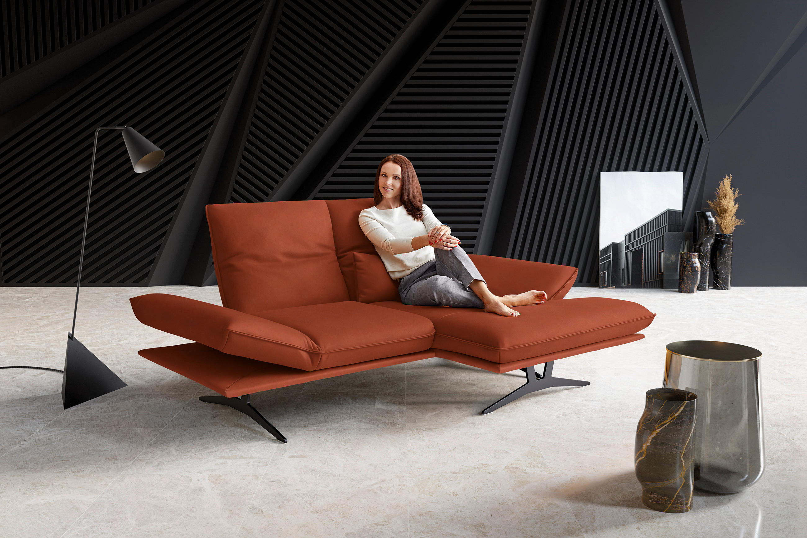 ECKSOFA in Echtleder Orange  - Schwarz/Orange, Design, Leder/Metall (210/130cm) - Dieter Knoll