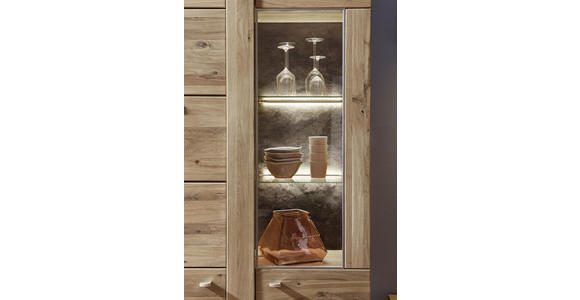 VITRINE in furniert, massiv Eiche Eichefarben, Schieferfarben - Schieferfarben/Eichefarben, KONVENTIONELL, Glas/Holz (89/205/38cm) - Voleo