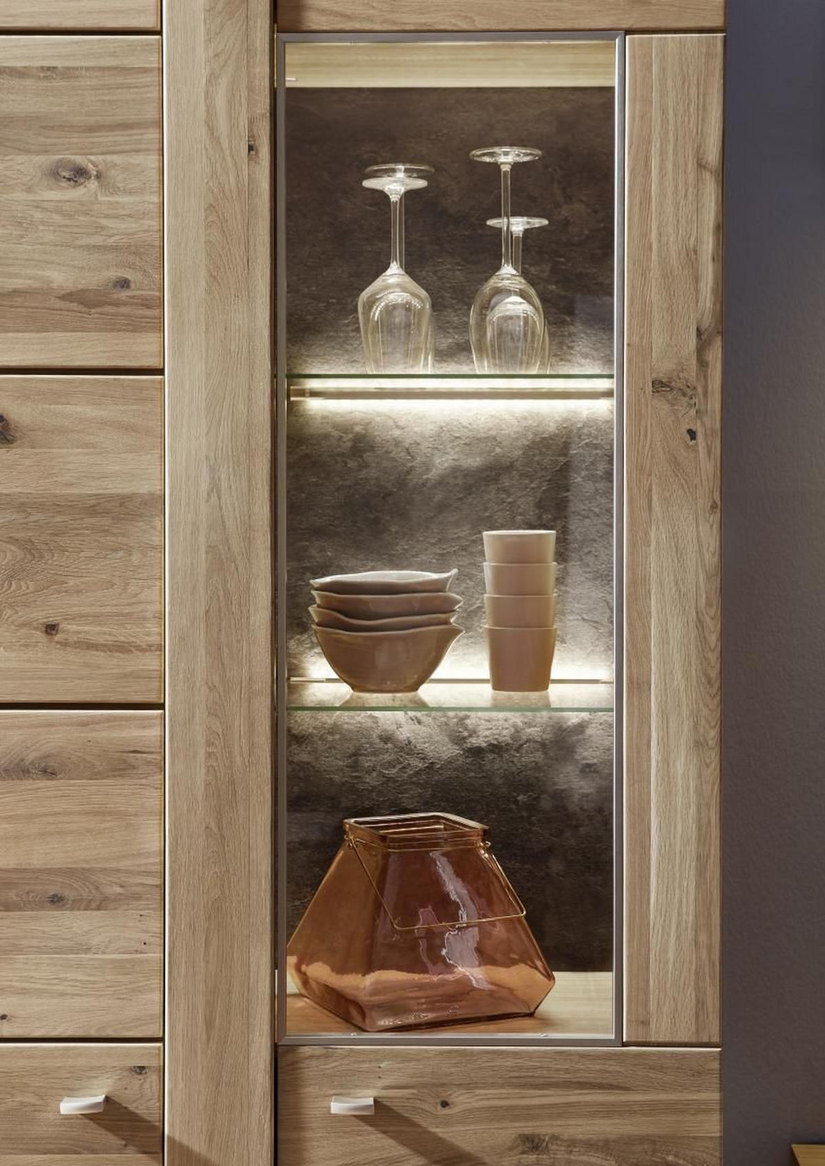 VITRINE in furniert, massiv Eiche Eichefarben, Schieferfarben  - Schieferfarben/Eichefarben, KONVENTIONELL, Glas/Holz (89/205/38cm) - Voleo