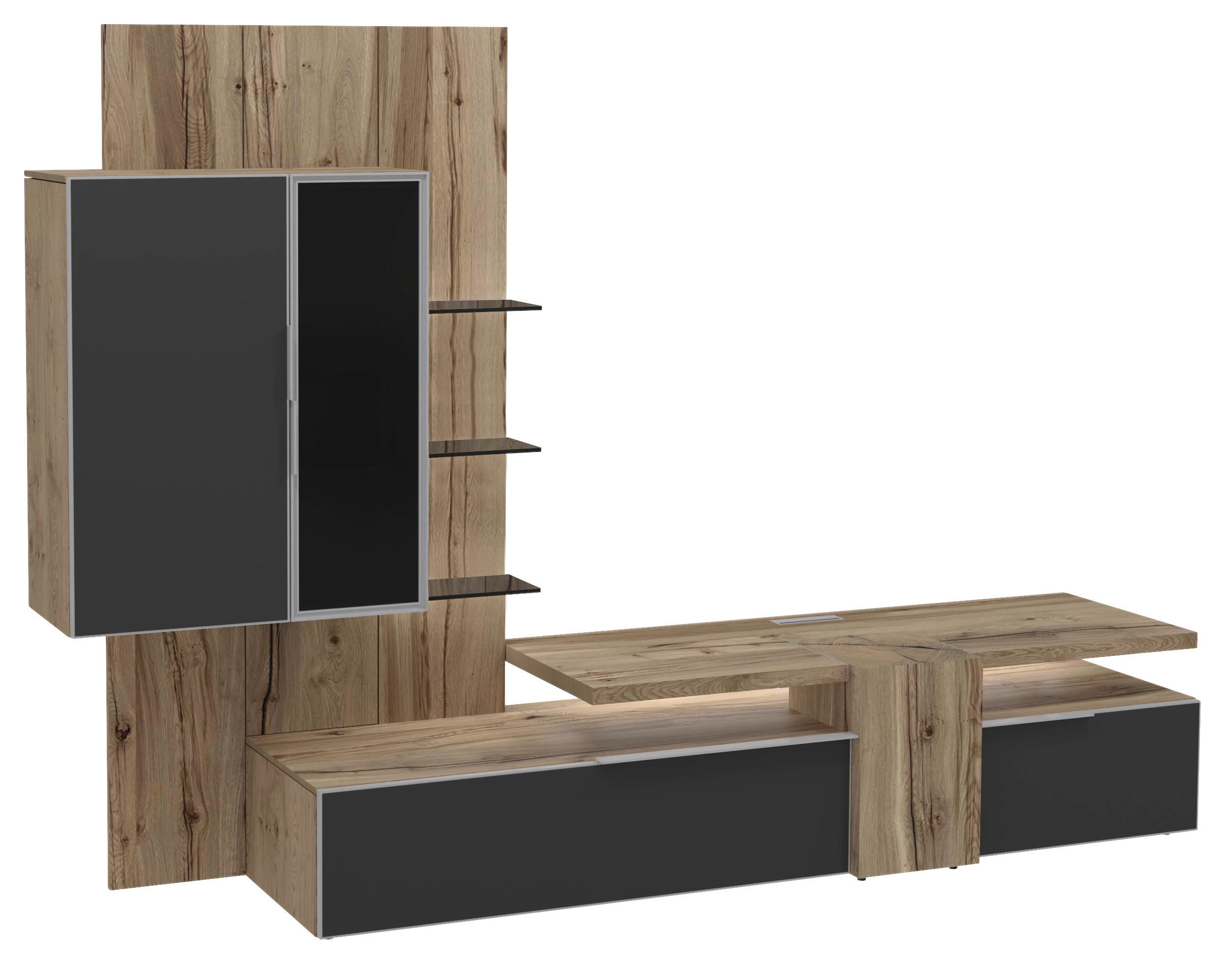 WOHNWAND  in Anthrazit, Eichefarben  272/194/58 cm  - Eichefarben/Anthrazit, Design, Glas/Holz (272/194/58cm) - Voglauer