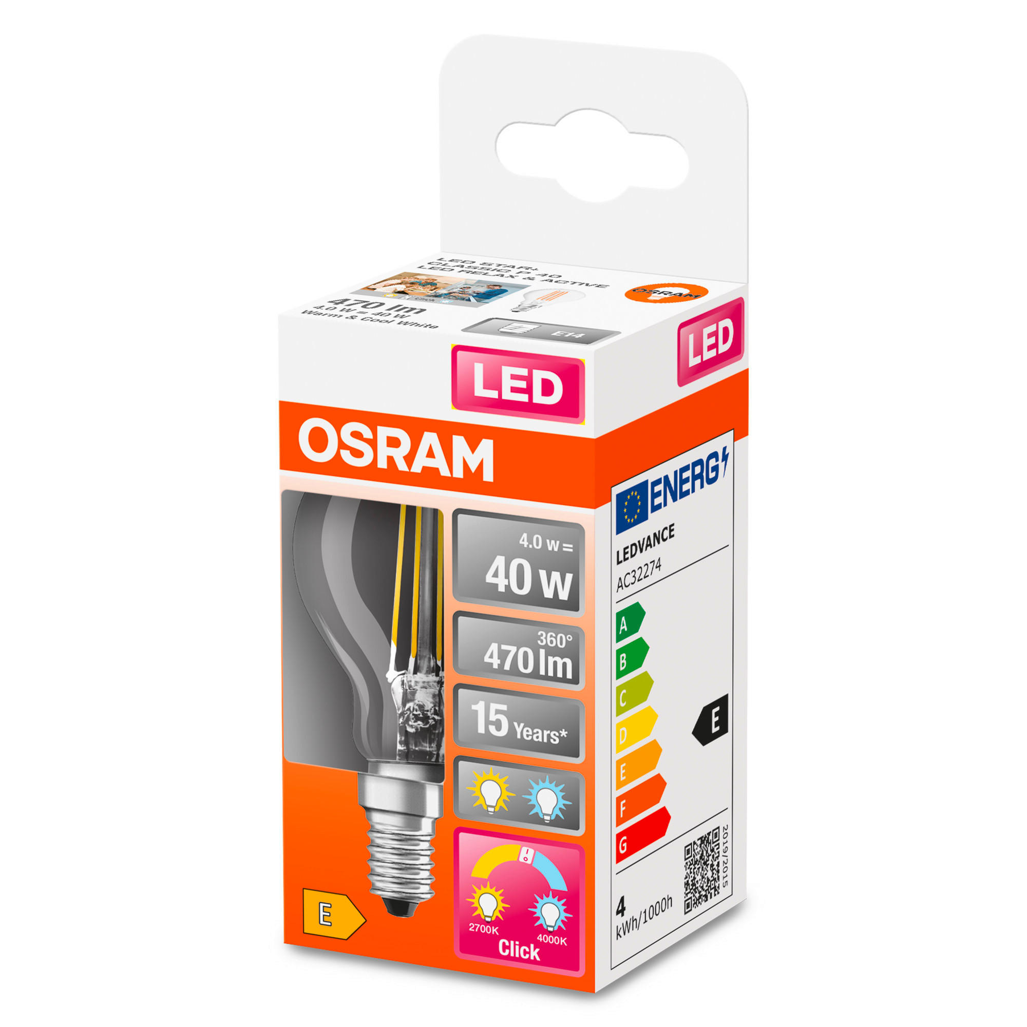 LED-LEUCHTMITTEL   E14 4 W 470 lm 2 Stück  - Klar, Basics, Glas (4,5/7,8cm) - Osram