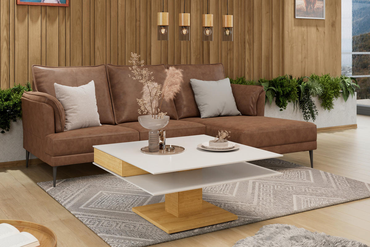 COUCHTISCH in Holz, Glas, Holzwerkstoff 90/90/43 cm  - Weiss/Eichefarben, Design, Glas/Holz (90/90/43cm) - Voglauer